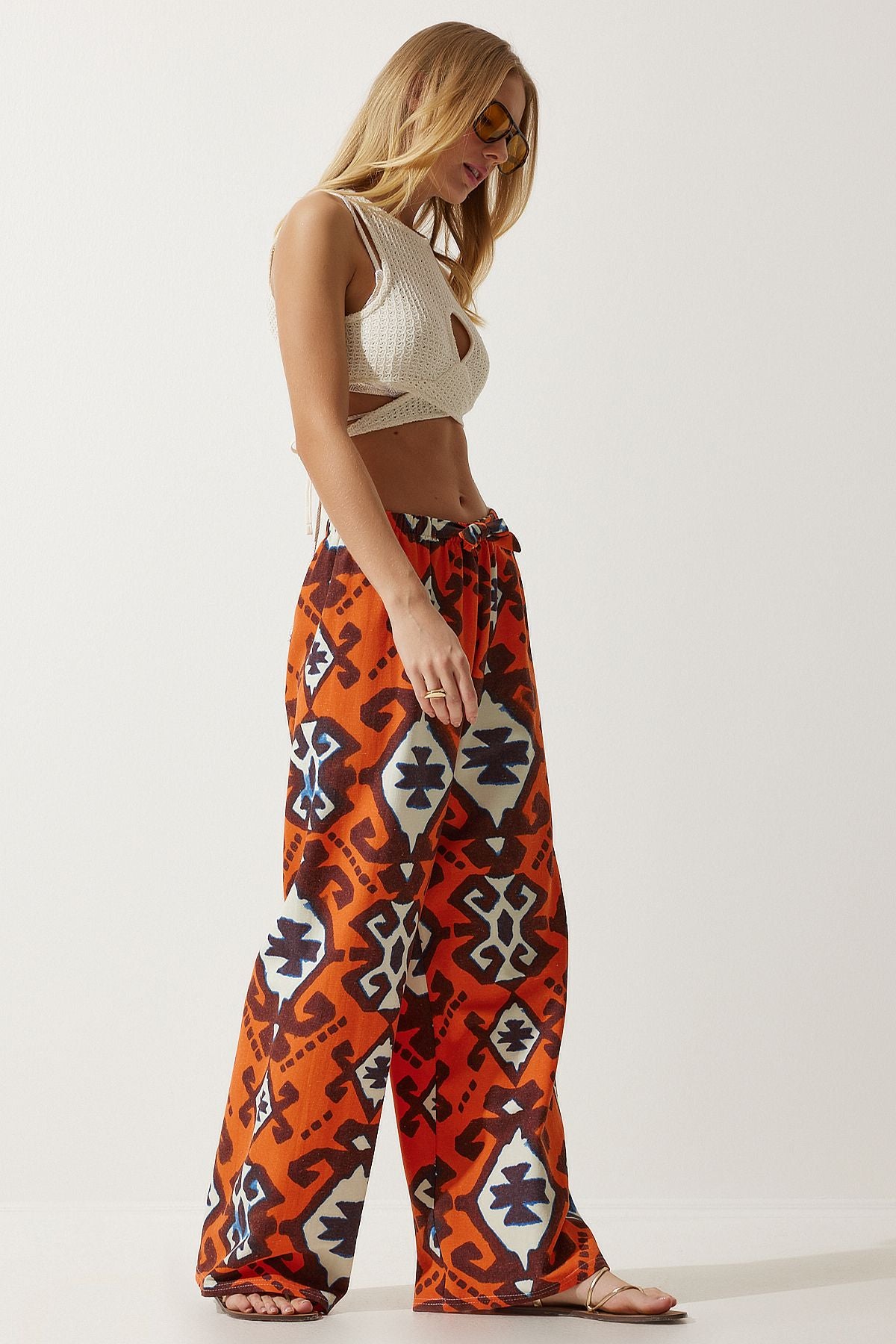 Female Orange Patterned Raw Linen Palazzo Pants BH00397