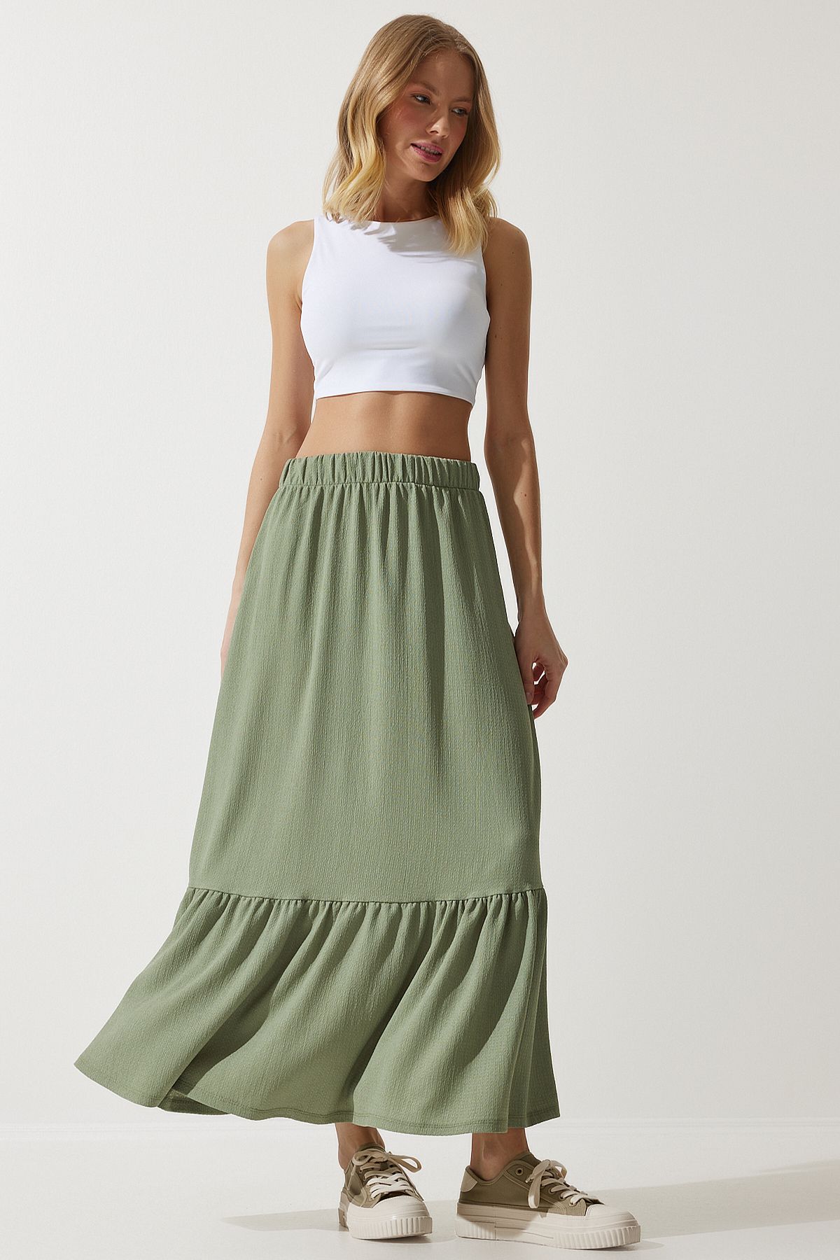 Women's Cagla Green Flased Summer Midi Skirt DD01231