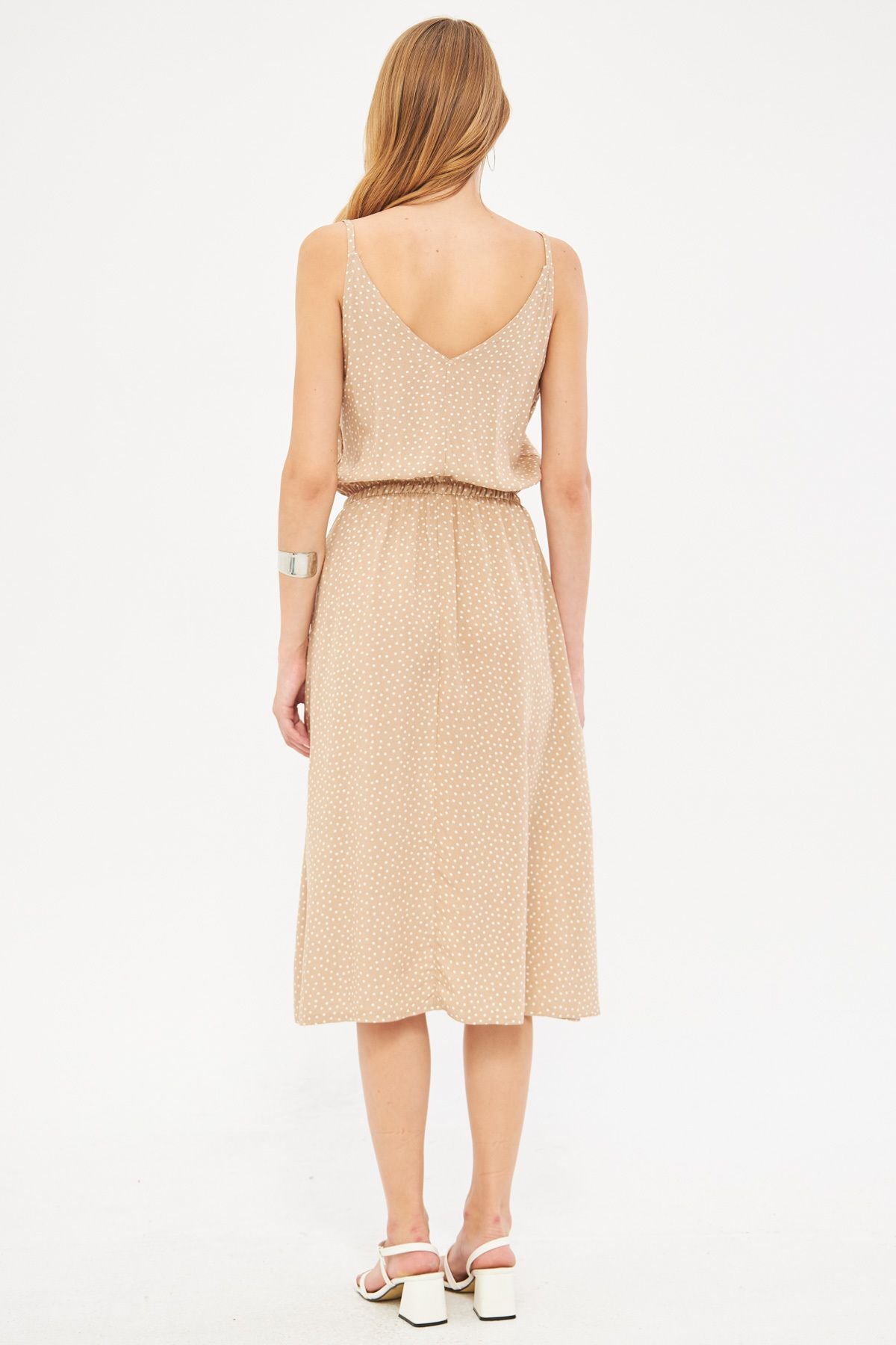 Female Beige Hanger V-Yaka Waist Midi Midi Boyal Patterned Clash Dress ARM-24Y001103