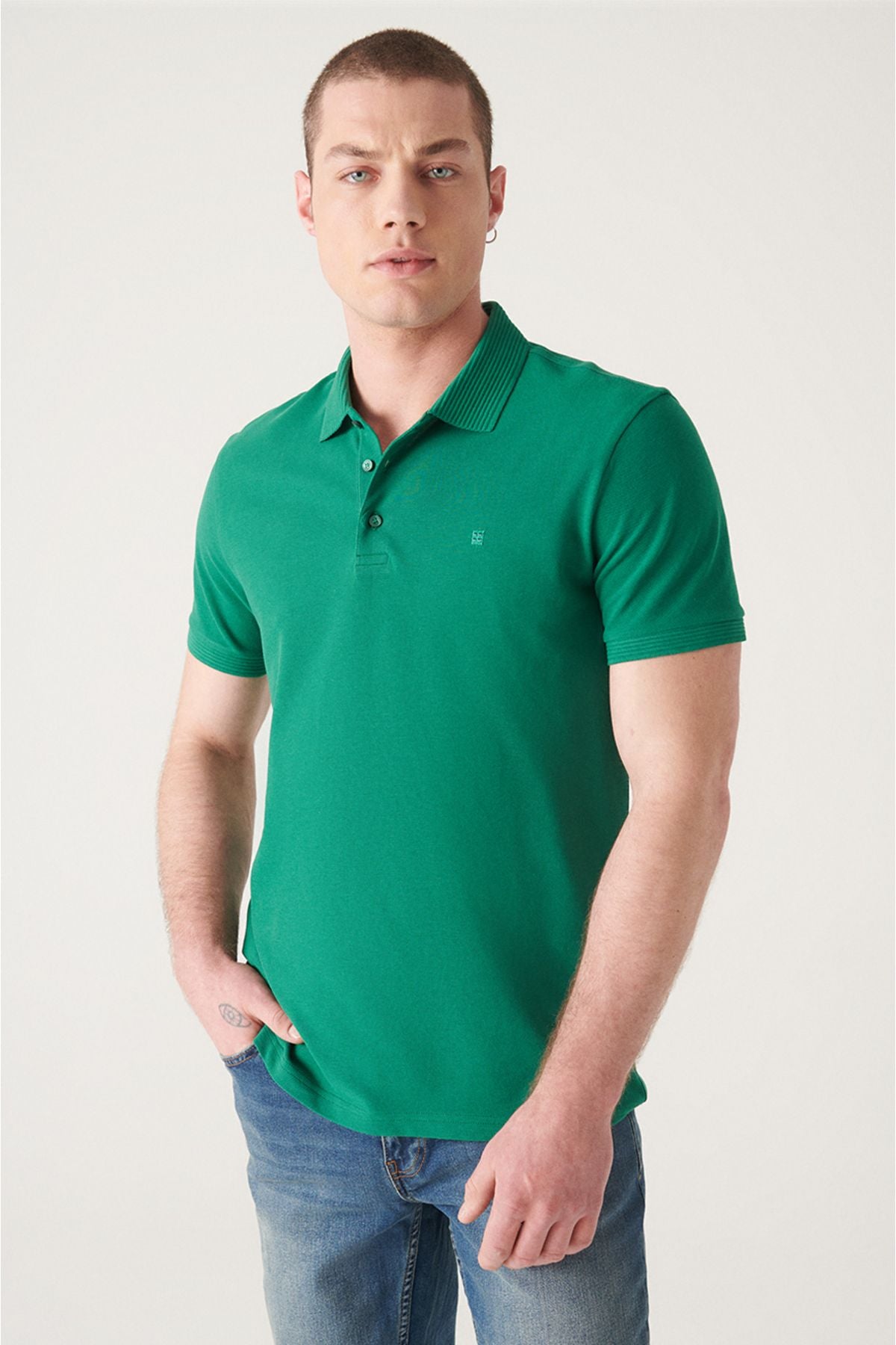 Men's green 3 button 100 %corn cotton Polo Yaka T-shirt B001027