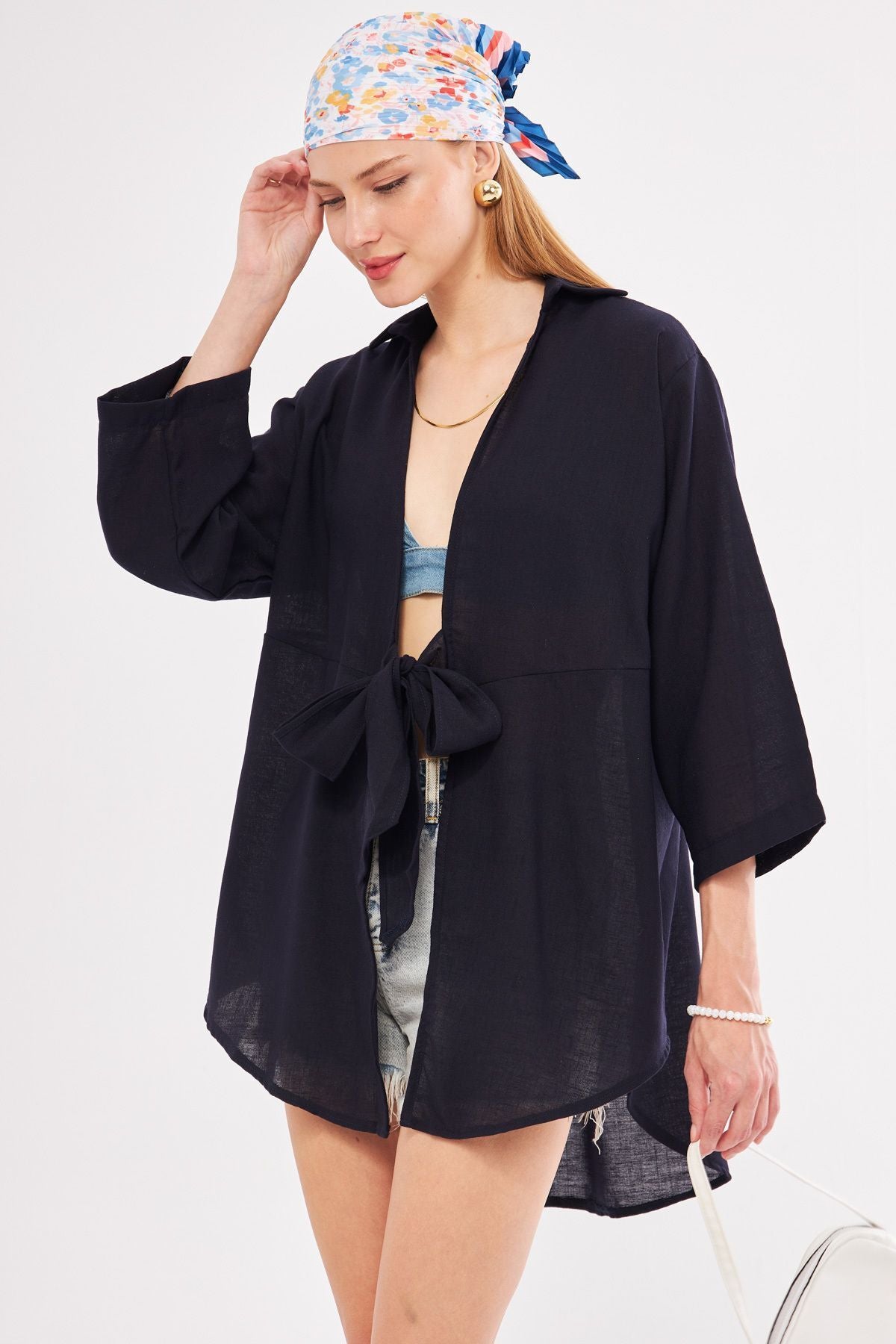 Woman Dark Navy blue linen-looking front-binding kimono shirt ARM-24Y001063