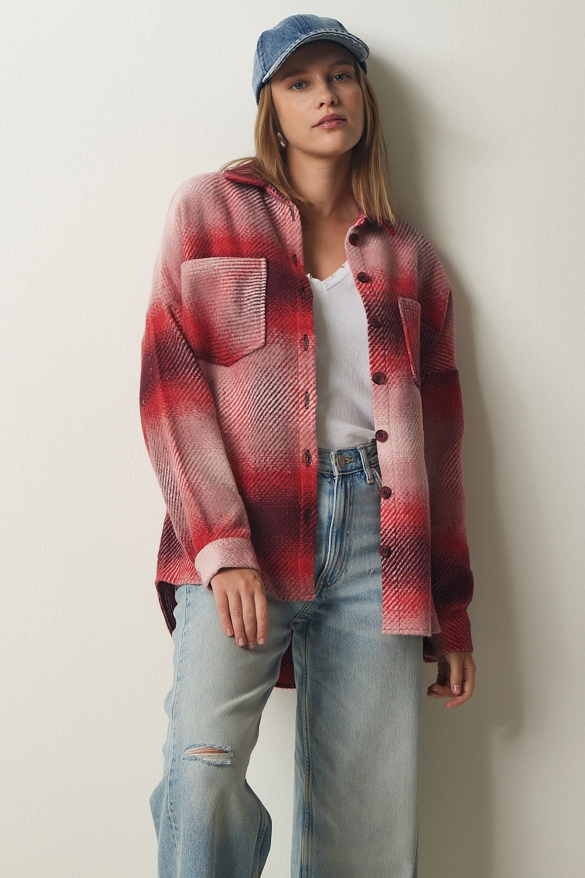 Woman Red Woody Oversize Stamp Shirt Jacket TU00035