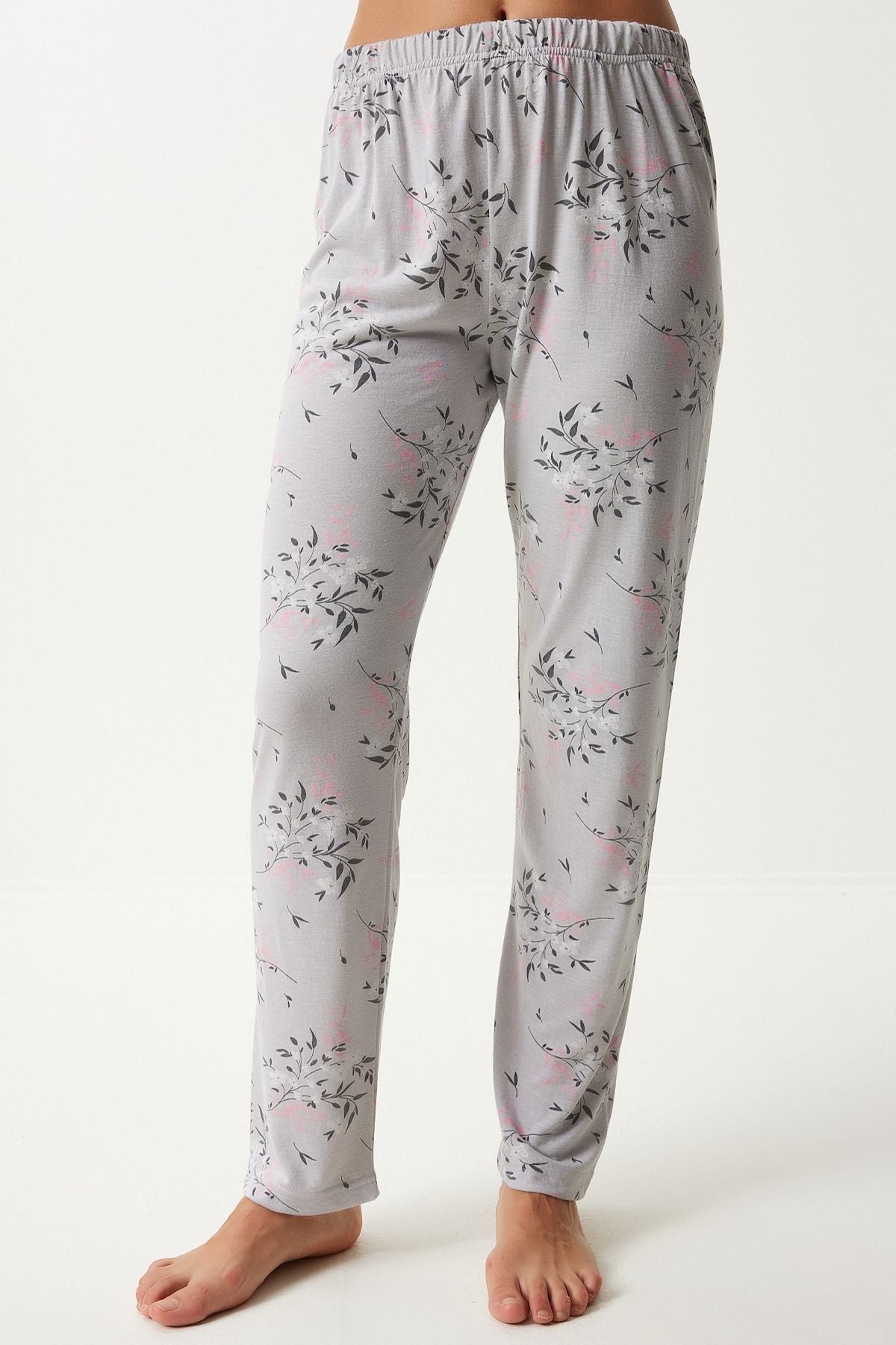 Female Gray Patterned Shirt Pants Pajama Set EC00043