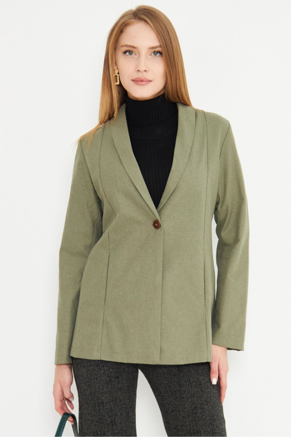 Women's Cagla Green Shawl Bel Bel Sitting Pocket Detail Single Button Jacket ARM-25K001031