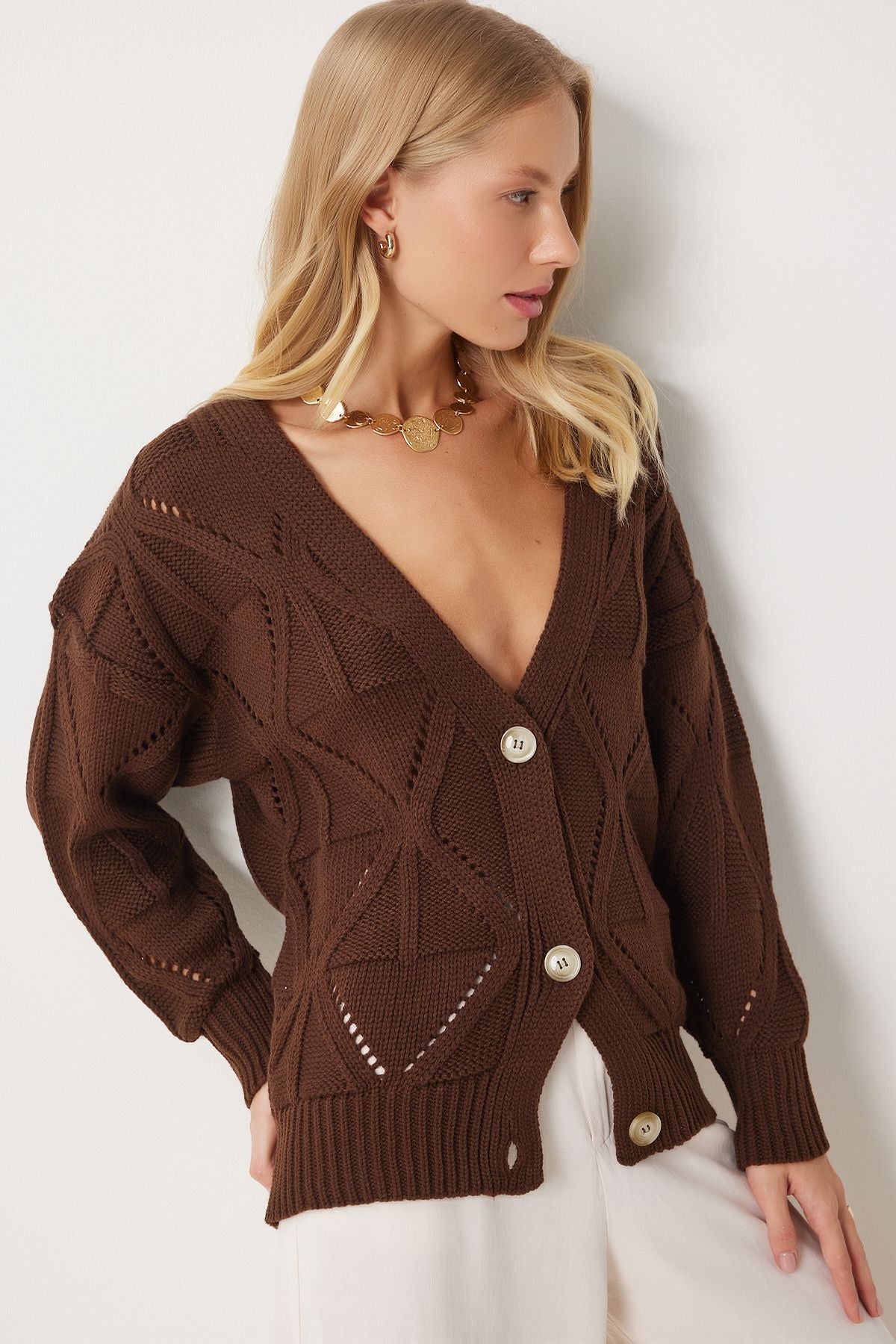 Women's brown motif knitwear cardigan xk00001