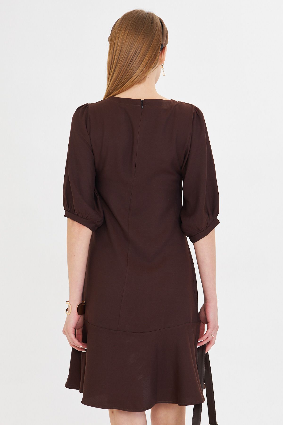 Female Coffee Zero Collar Quarter Sleeve Skirt Flane Dress ARM-25Y001007