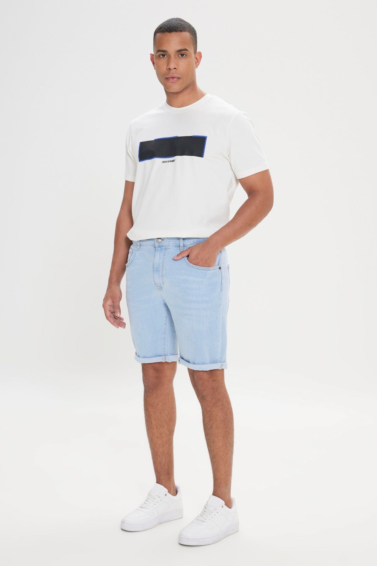 Men's light blue slim fit narrow cut cotton flexible denim shorts