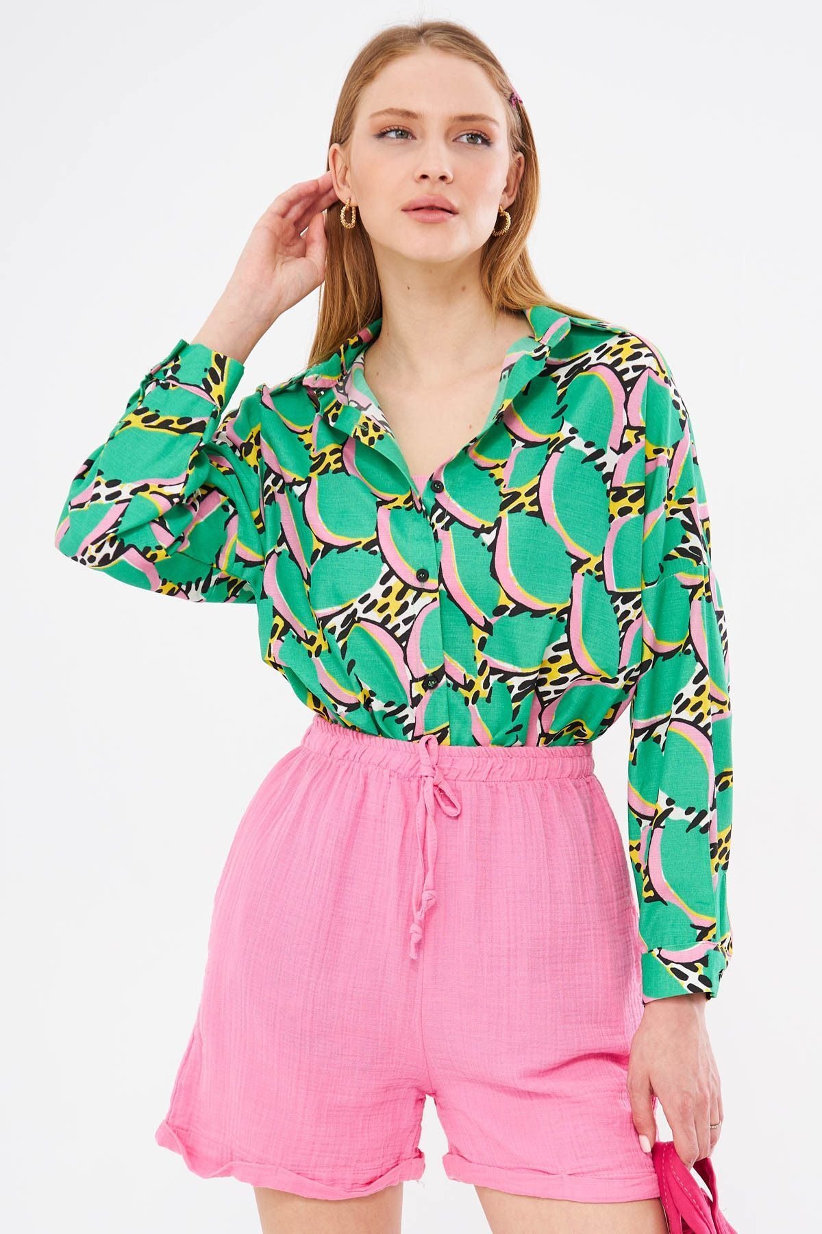 WOMEN'S GREEN PATTERNED Oversize Long Basic Shirt ARM-221148