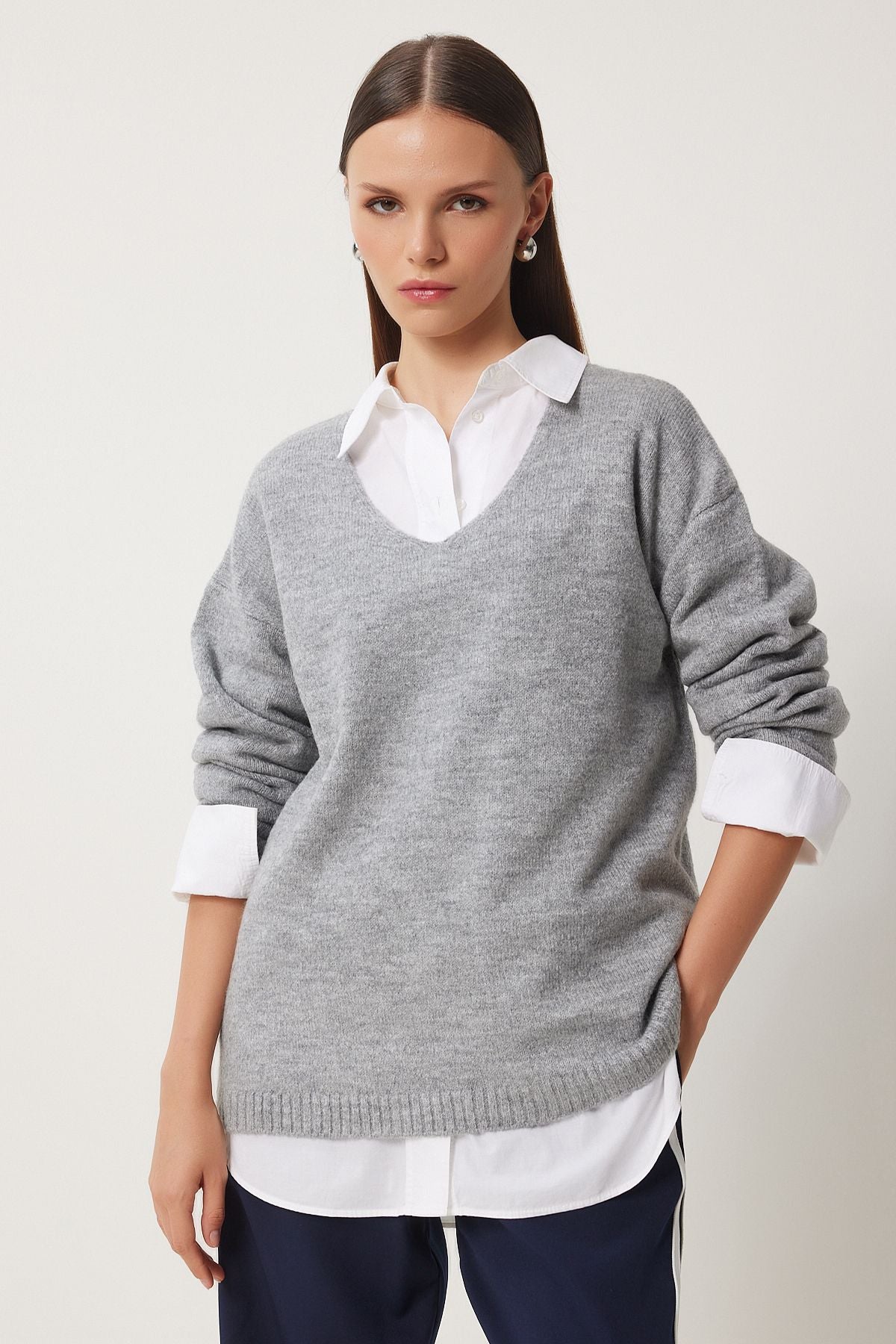 Women's Gray V -Yaka Knitwear Kazakh ZA00063