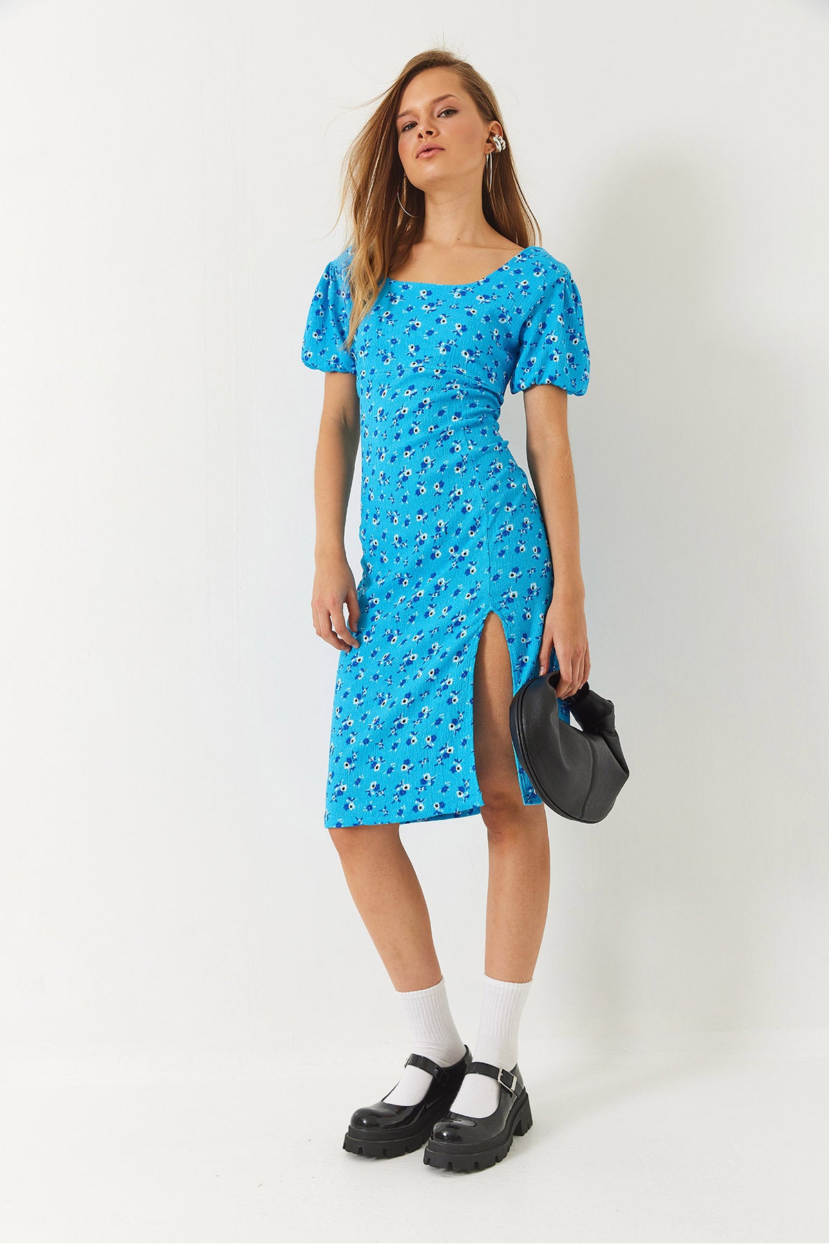 Women's Back Detailed Slit Square Neck Short Sleeve Floral Patterned Dress 60261462