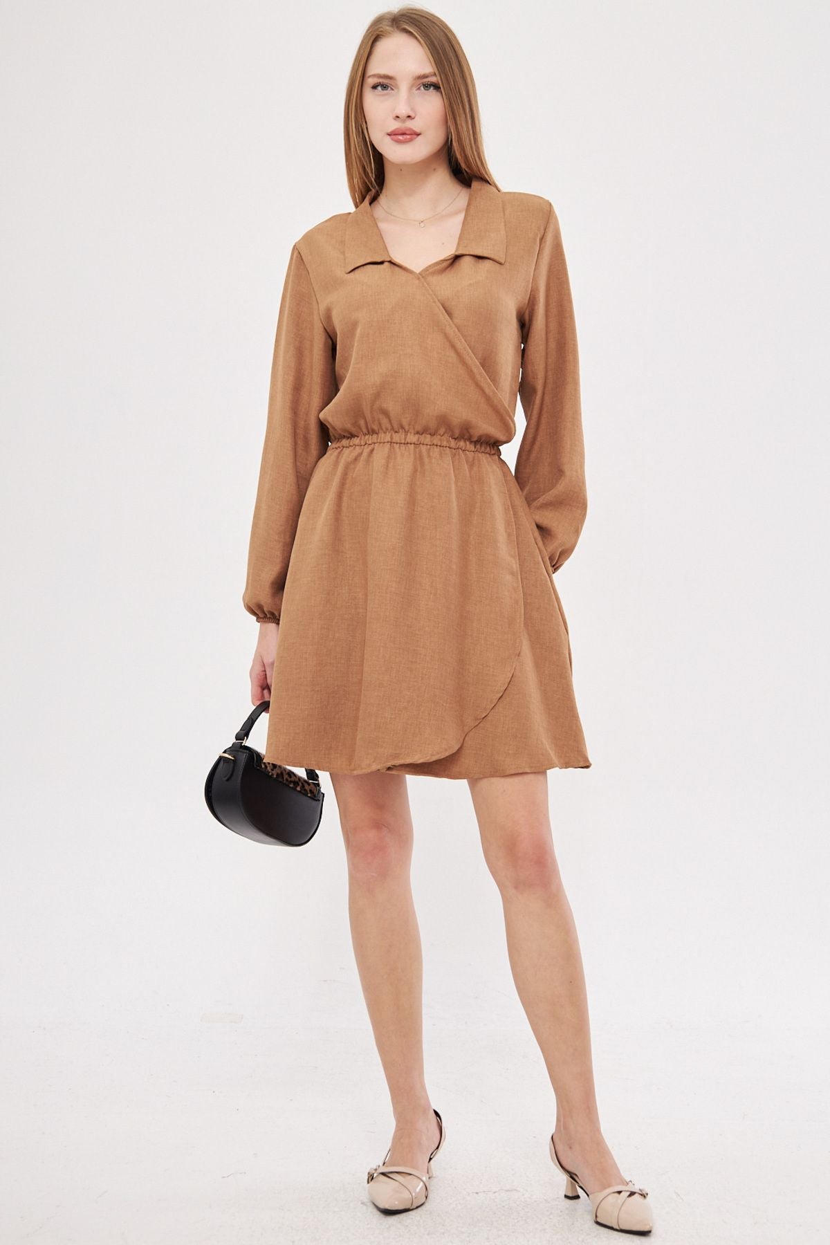 Female Camel Shirt collar Cruve waist and handle rubber dress with rubber dress ARM-25K001047