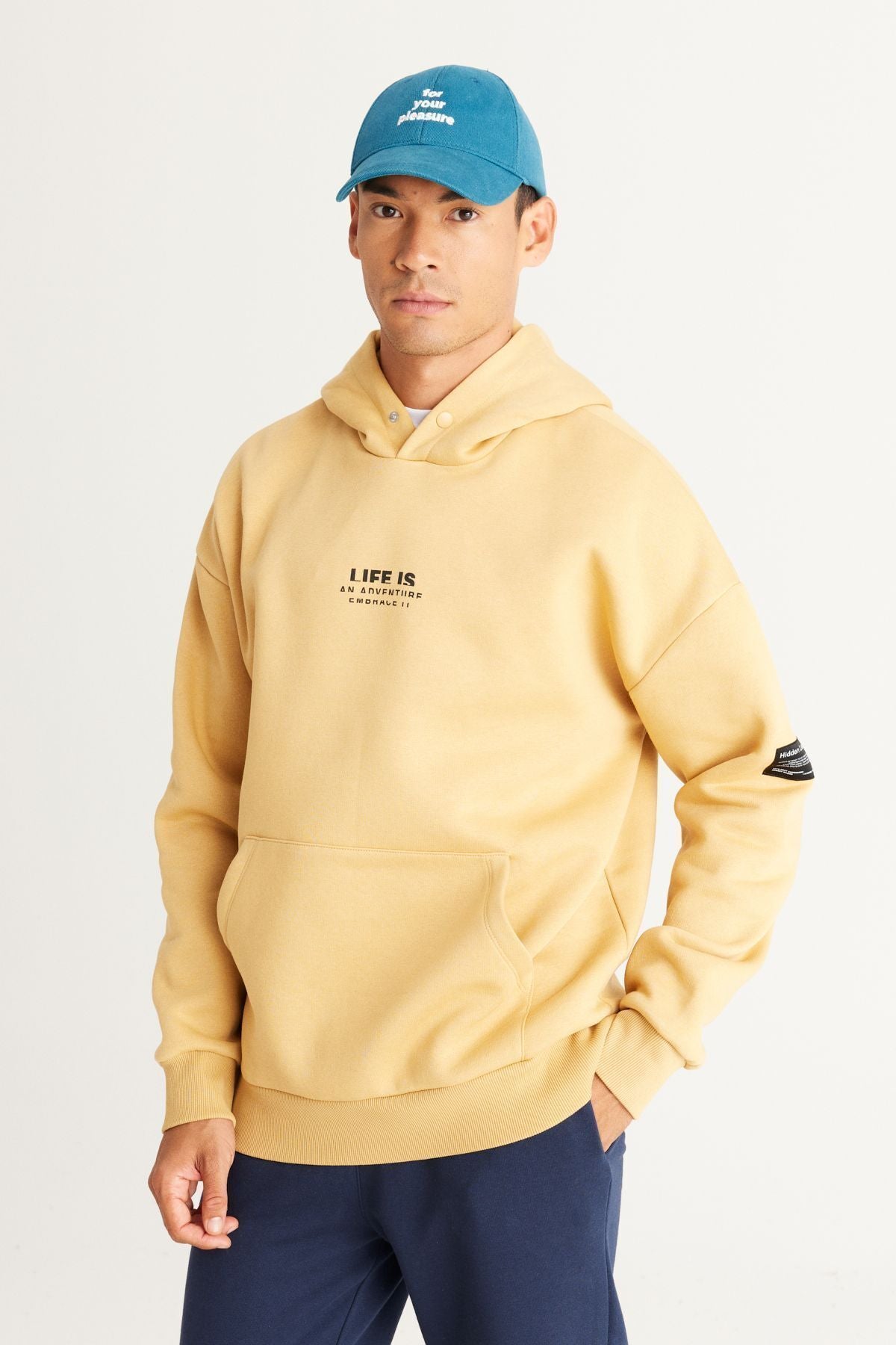 Men's mustard oversize fit plenty of cuts hooded polar with 3 -IP cotton sweatshirt