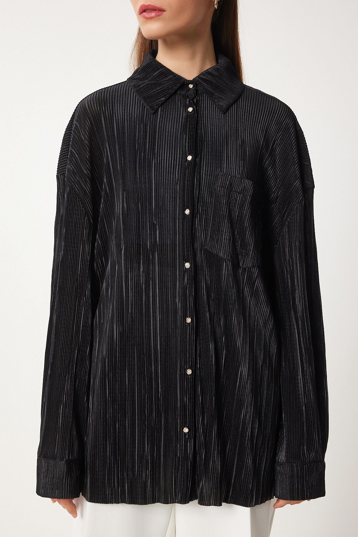 Female Black Plynated Oversize Long Shirt FN03216