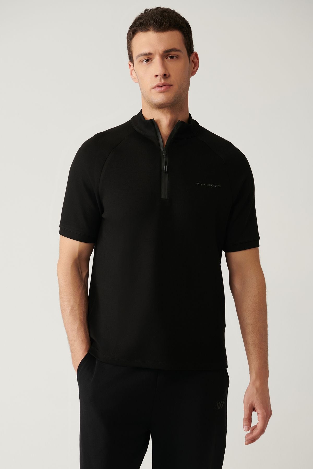 Men's black upright collar half zipper printed T-shirt A41y1312