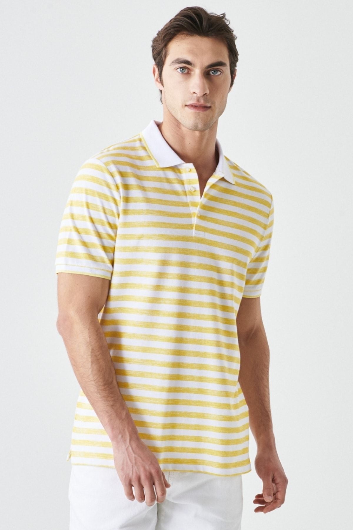 Men's white yellow slim fit narrow cut polo collar striped casual T -shirt