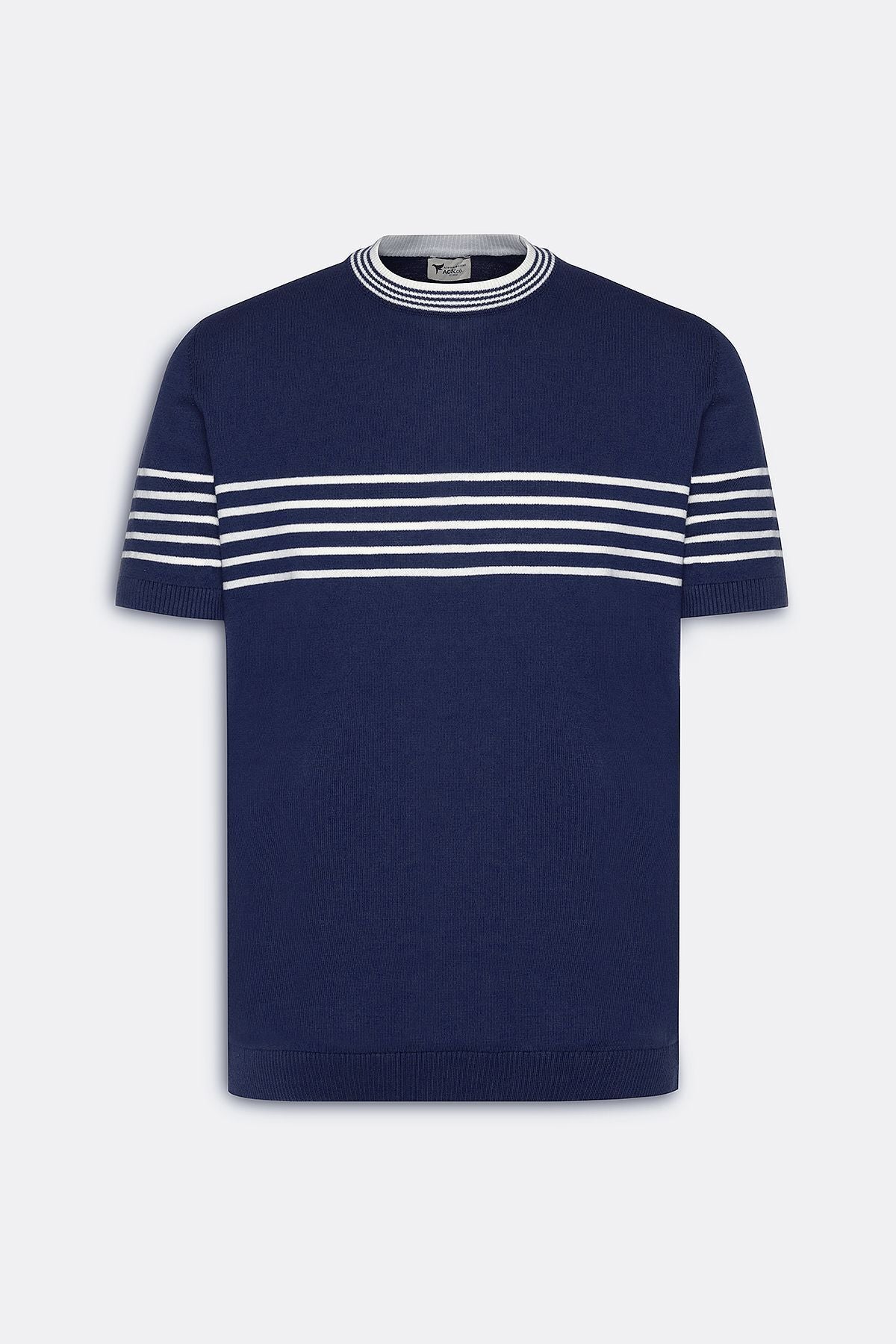 Men's Navy Blue-White Standard Fit Normal Normal Cut 100 %Cotton Striped Bicycle Yaka Triko T-shirt