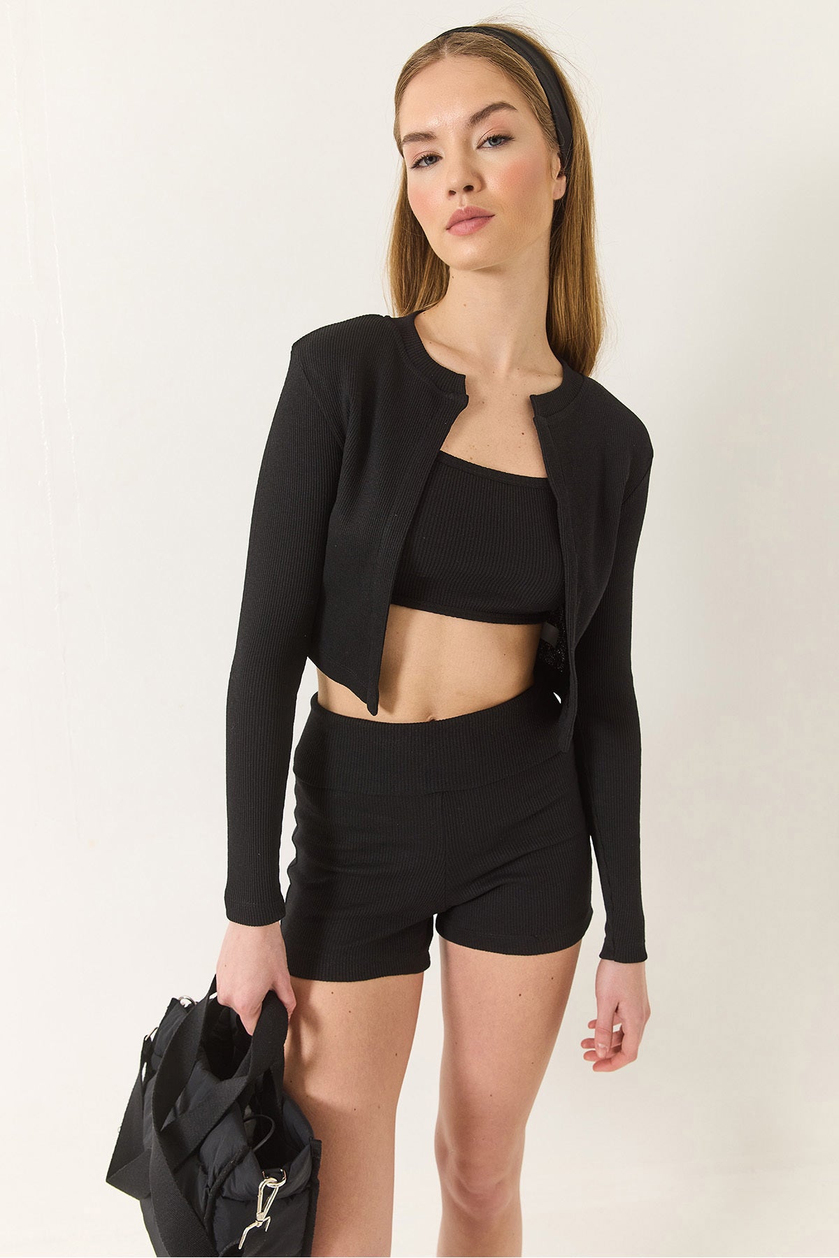 Women's Camisole Thin Strap Crop Cardigan Three Piece Suit with Shorts 60284033