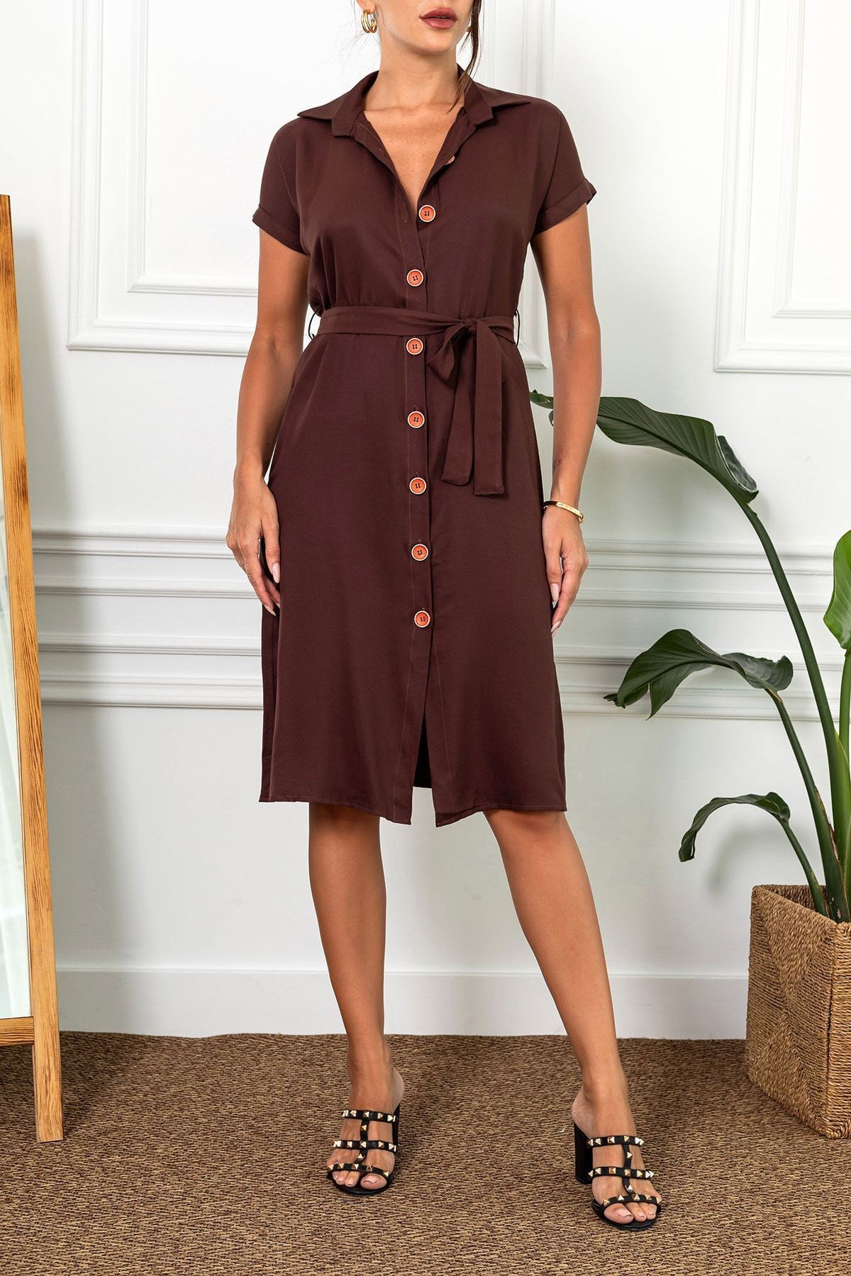 Woman Coffee Waist Belt Short Sleeve Shirt Dress ARM-19Y001068