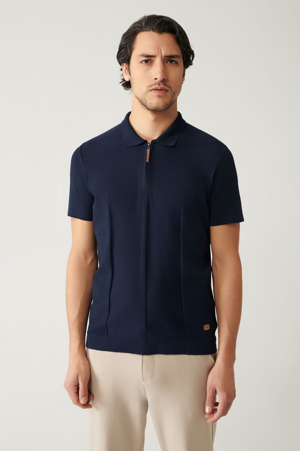 Men's navy blue zipper rayon Polo Yaka Triko T-shirt A41y5106