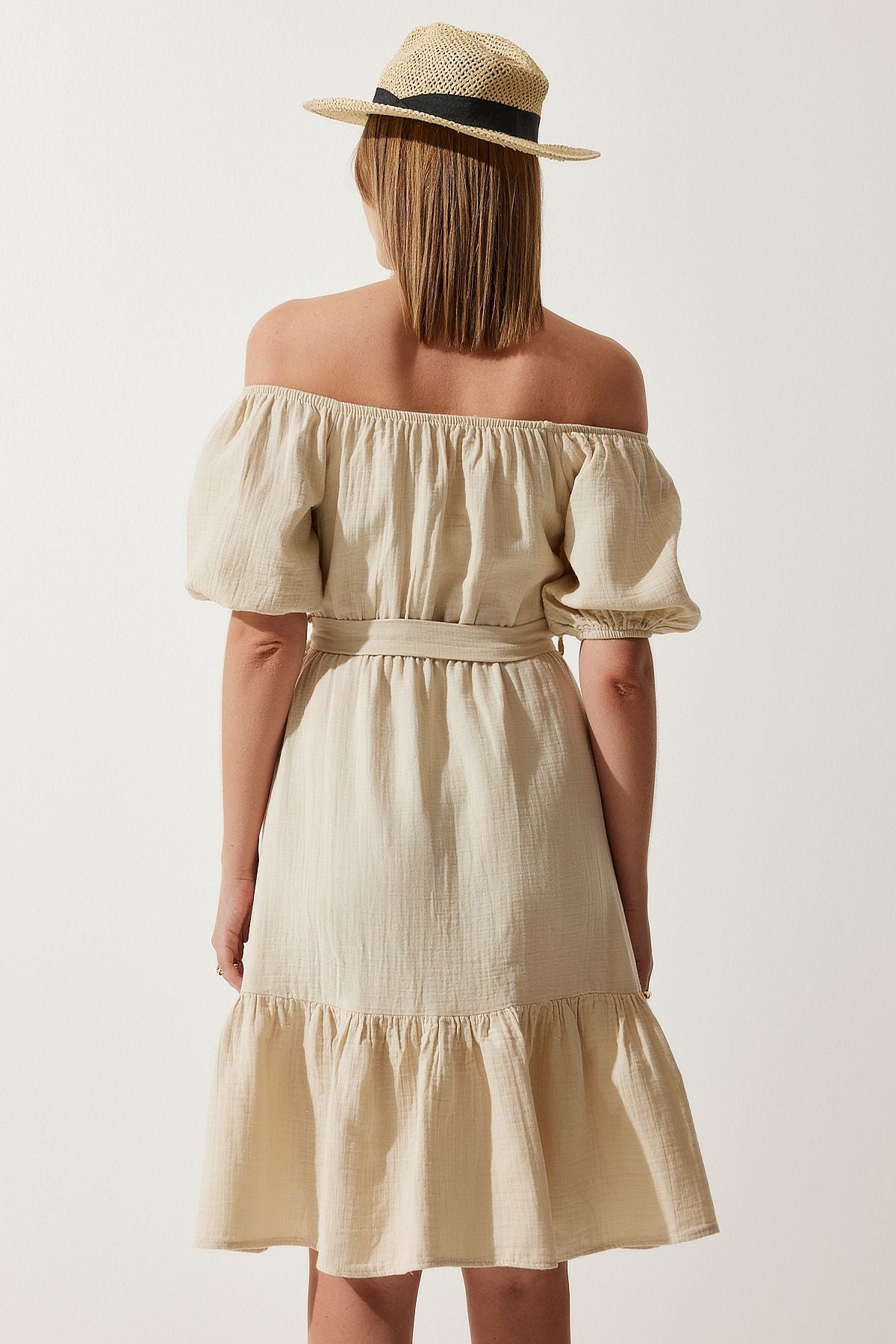 Women's Cream Carmen collar belt cottage Muslin dress MX00157