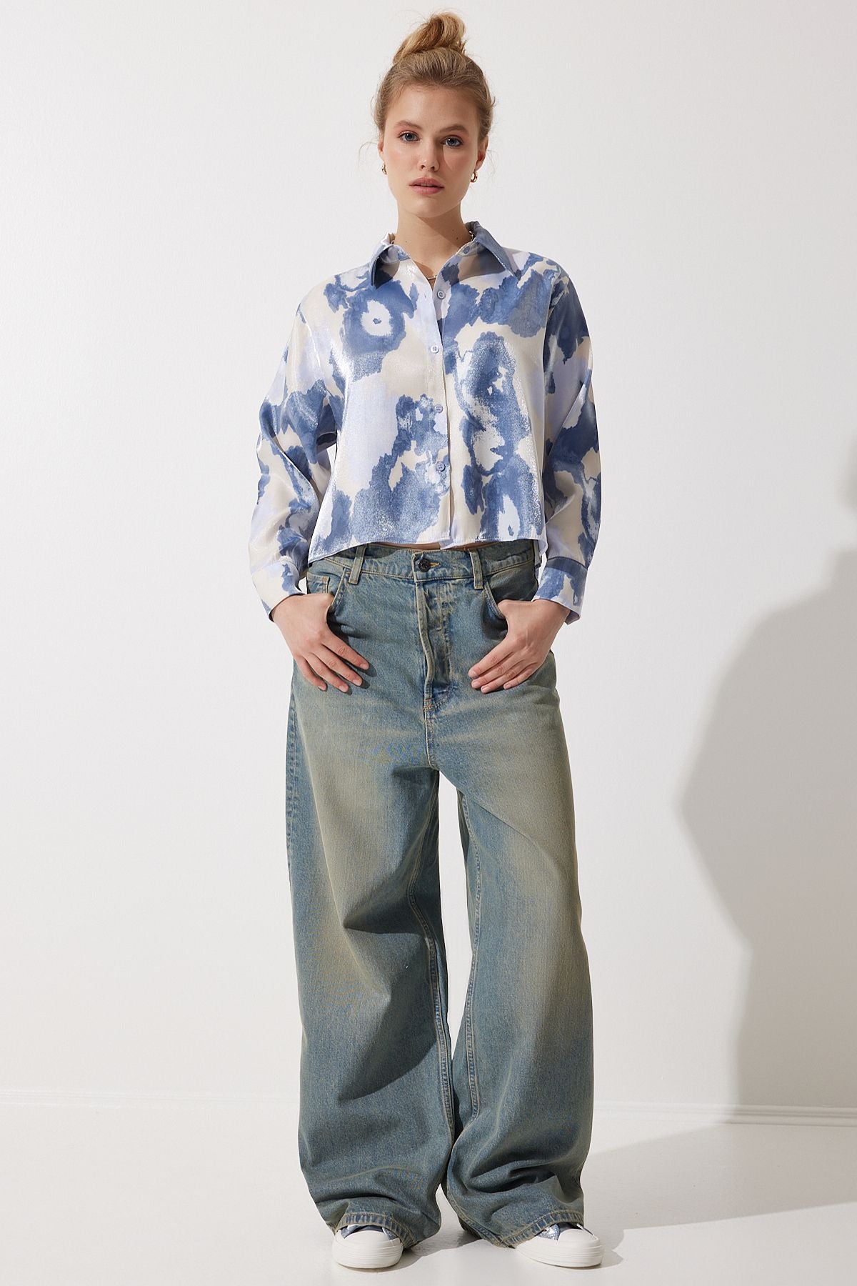 Women's Blue Patterned Satin Surface Short Shirt CR00435