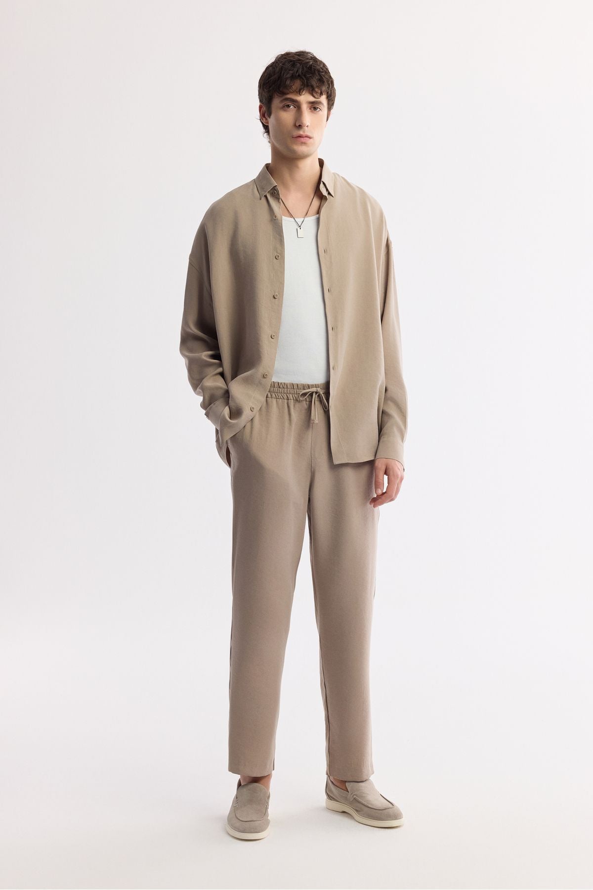Men's Beige Waist Modal Mixed Casual Cutting Trojan Relaxed Fit Pants A51y3031