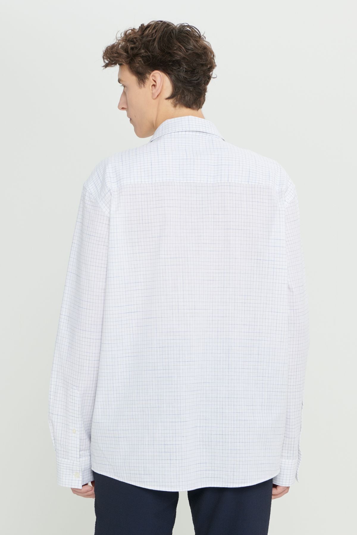 Men's White-Blue 100 %Cotton Oversize Plenty Cutter Classic Collar Checkered Shirt