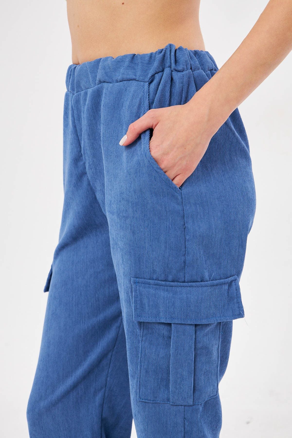 Female Indigo Velvet Waist and Paçası Tire Fine Wick Cargo Pants Arm-25k001035