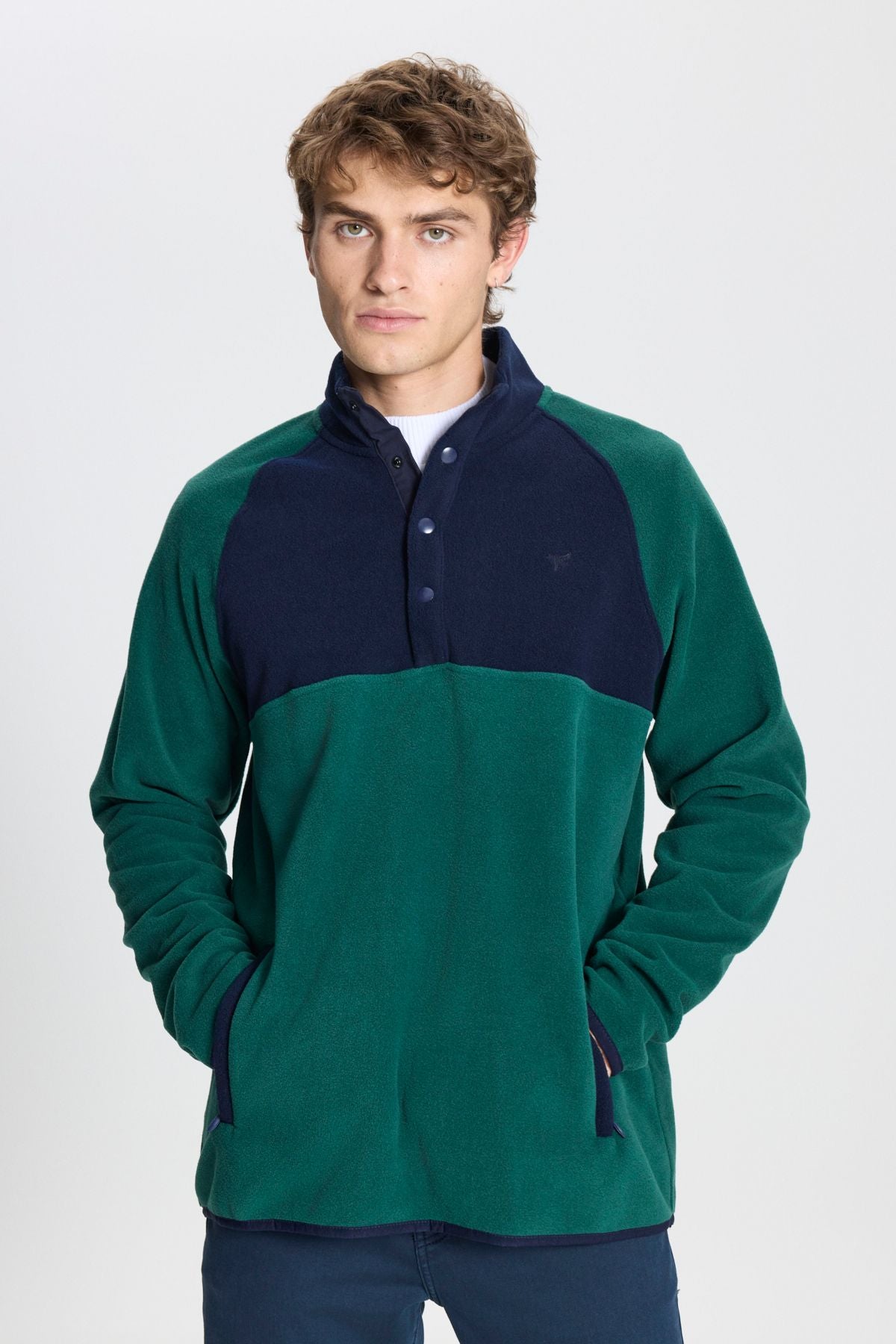 Men's green-lacivert standard fit normal cut upright bato collar pattern fleece sweatshirt