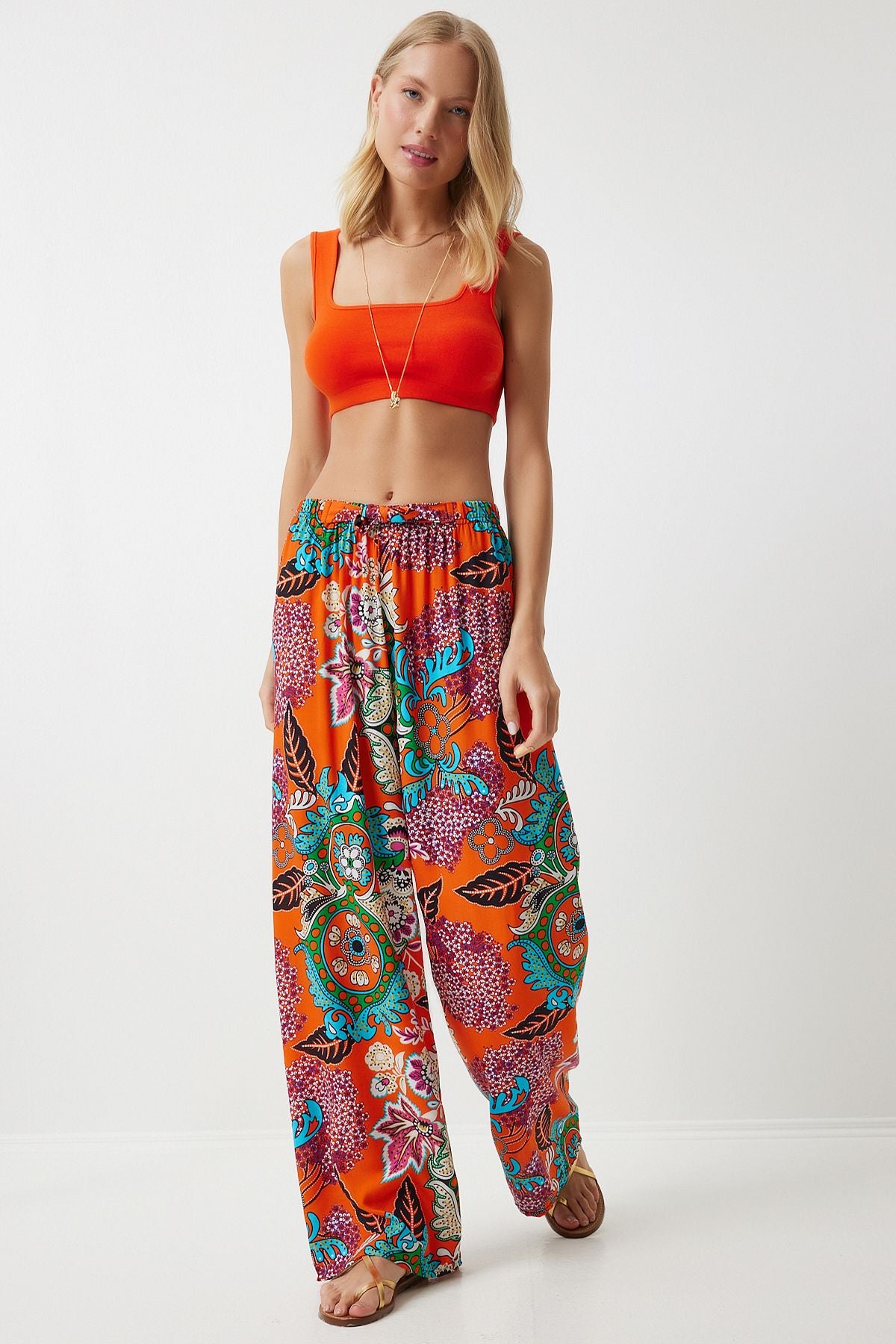 Female Oranj Turquoise Patterned Viscose Palazzo Pants EN00606