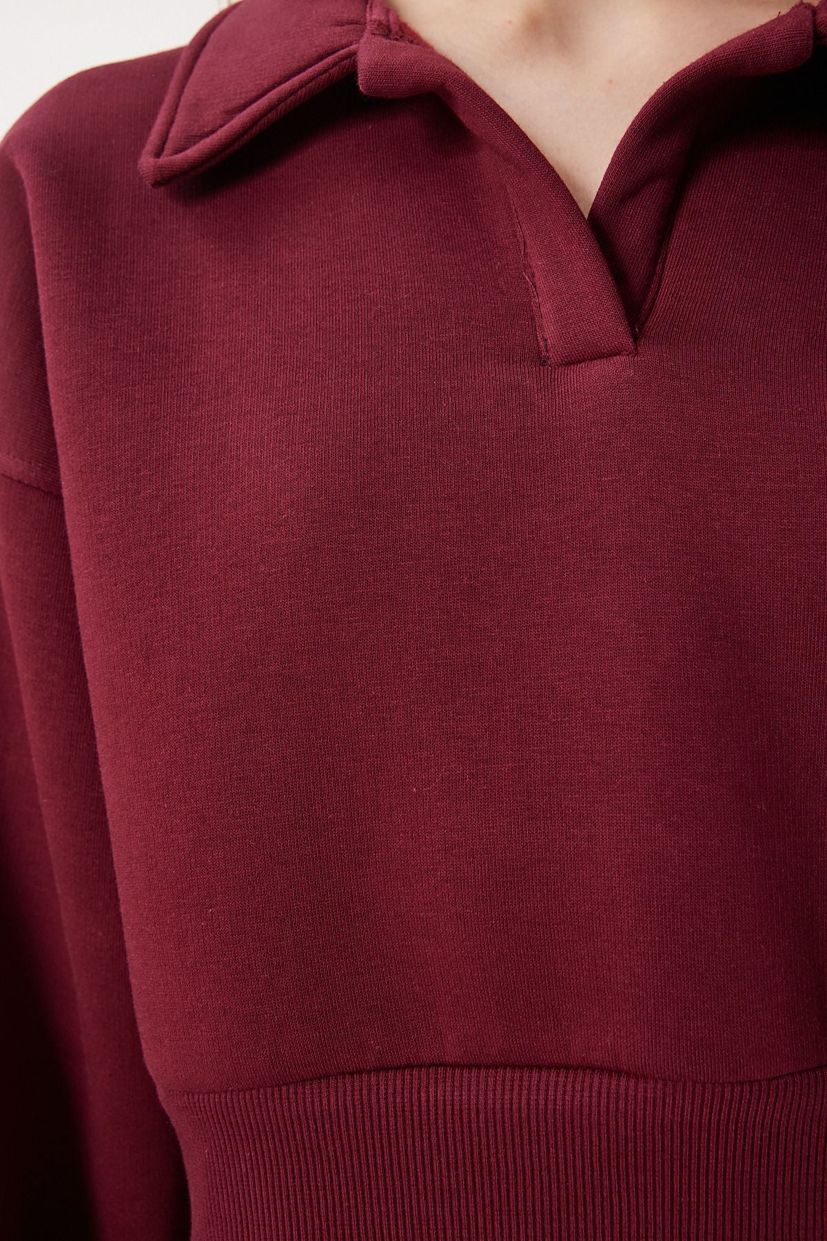 Female Bordeaux Polo Yaka Crop Knitting Sweatshirt HW00014