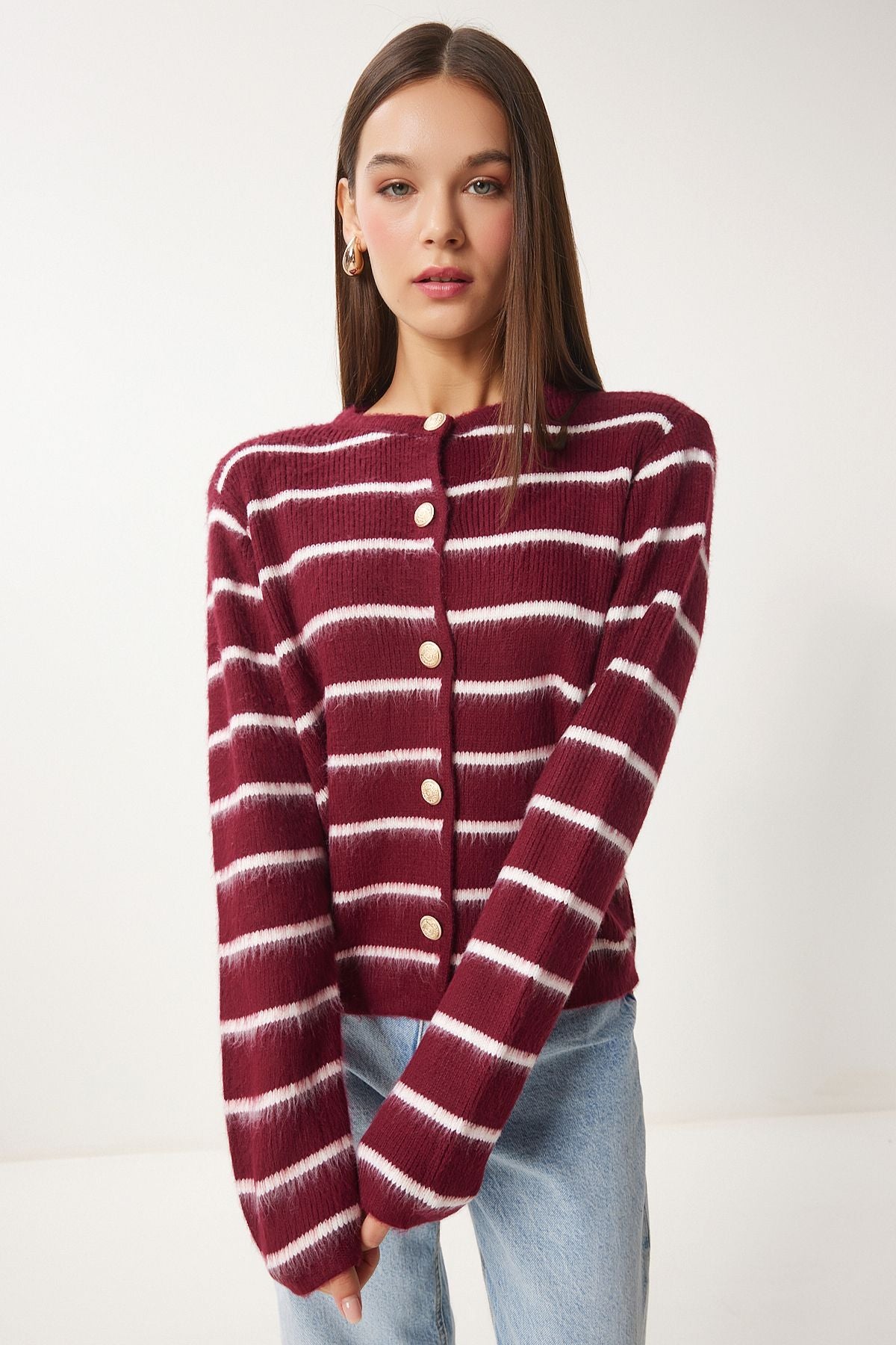 Woman Bordeaux Bone Stylish button striped knitwear cardigan PF00051