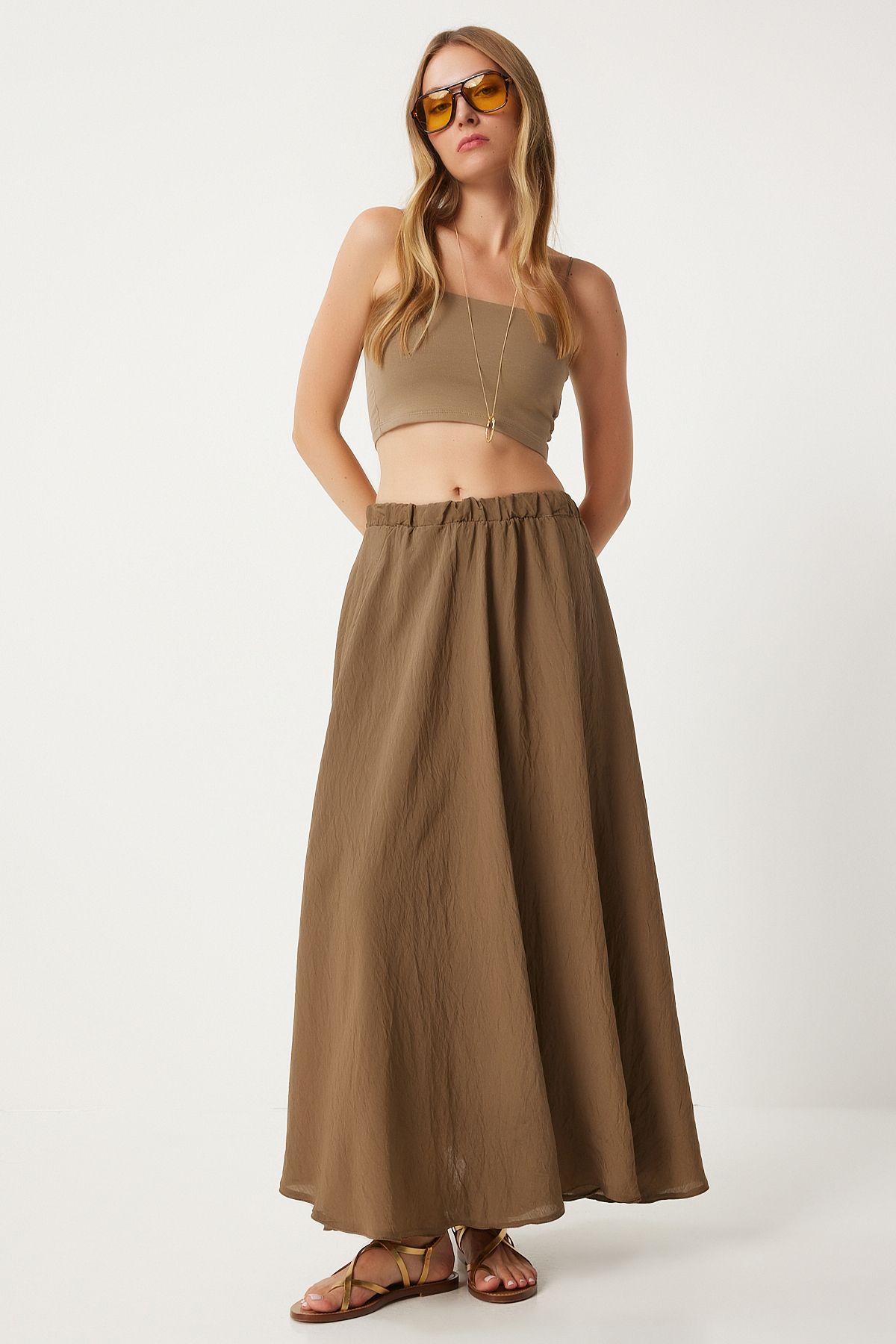 Women Khaki Flax Long Skirt with Linen Mixed DP00209