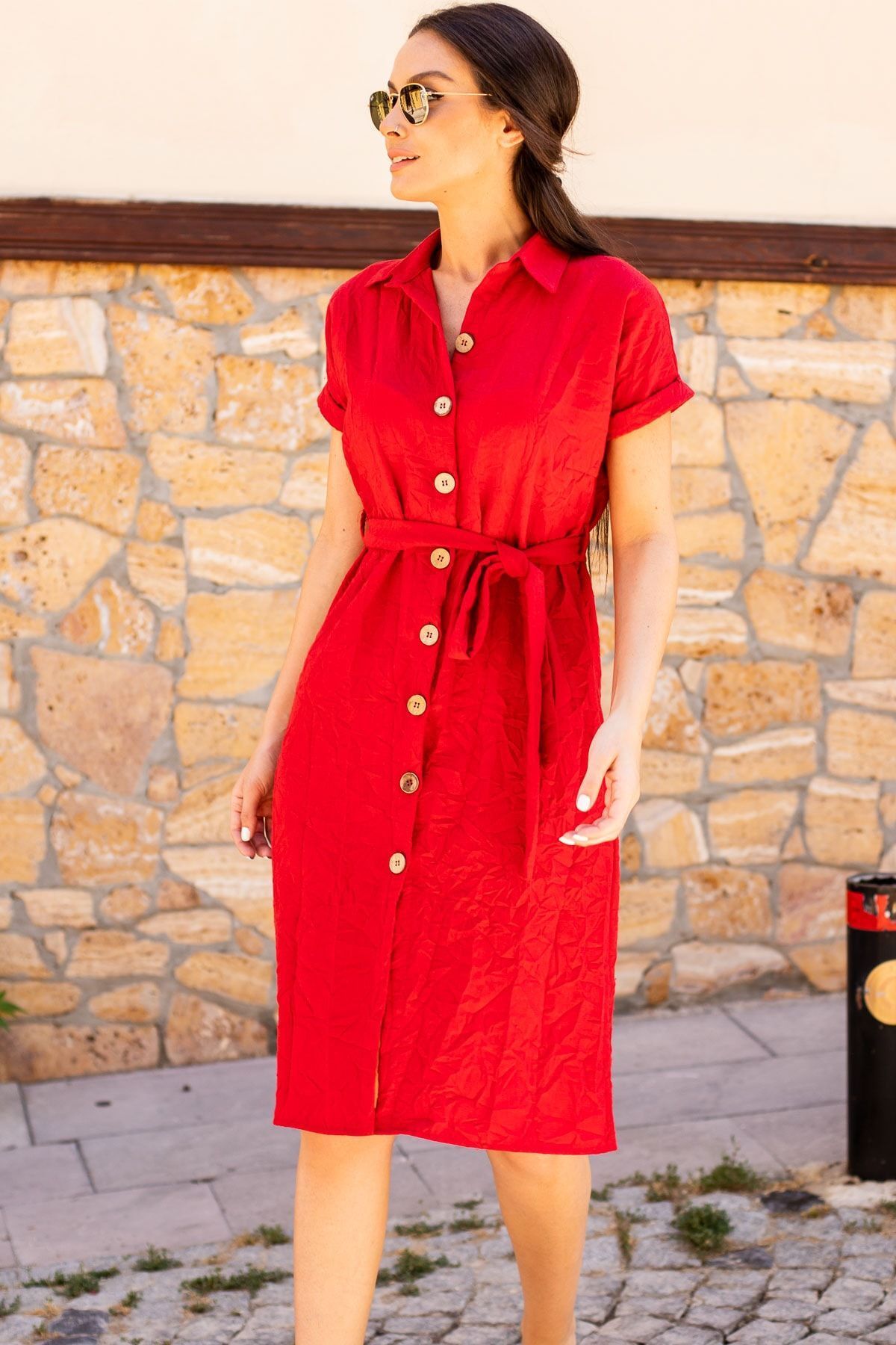 Woman Red Waist Belt Short Sleeve Shirt Dress ARM-19Y001068