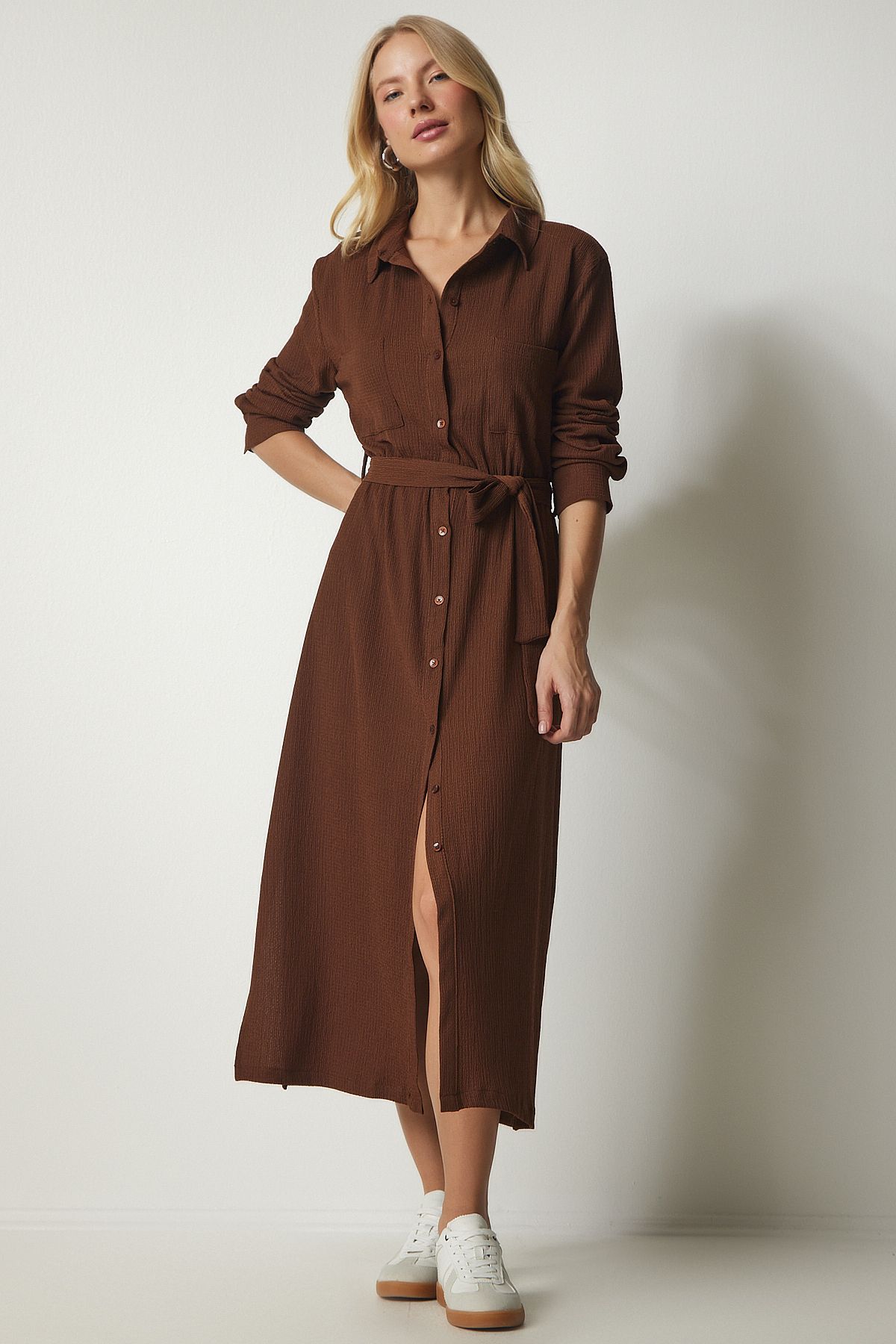 Women's brown belt long shirt dress ub00187