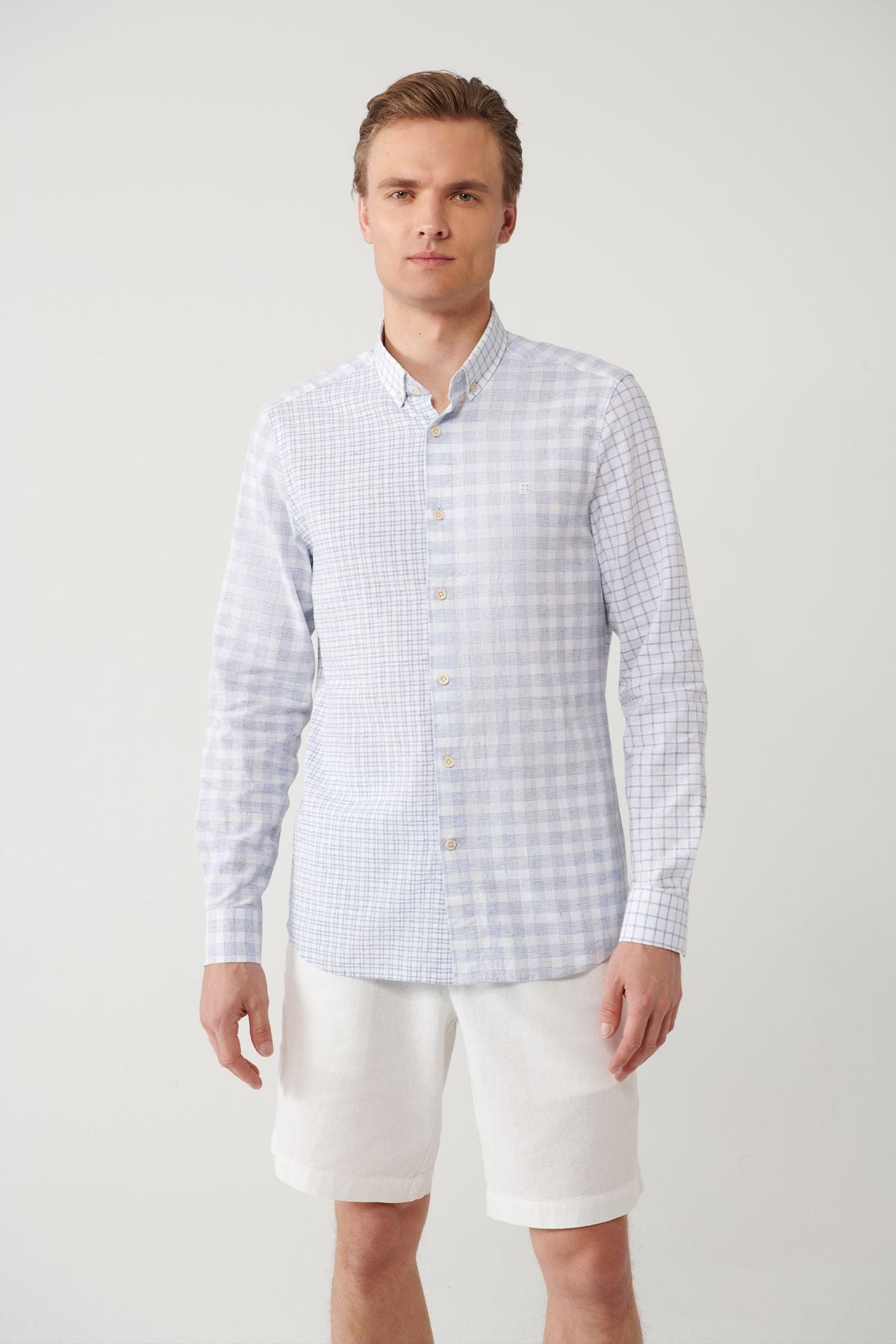 Men's blue plaid fragmented linen mixed shirt A41y2052