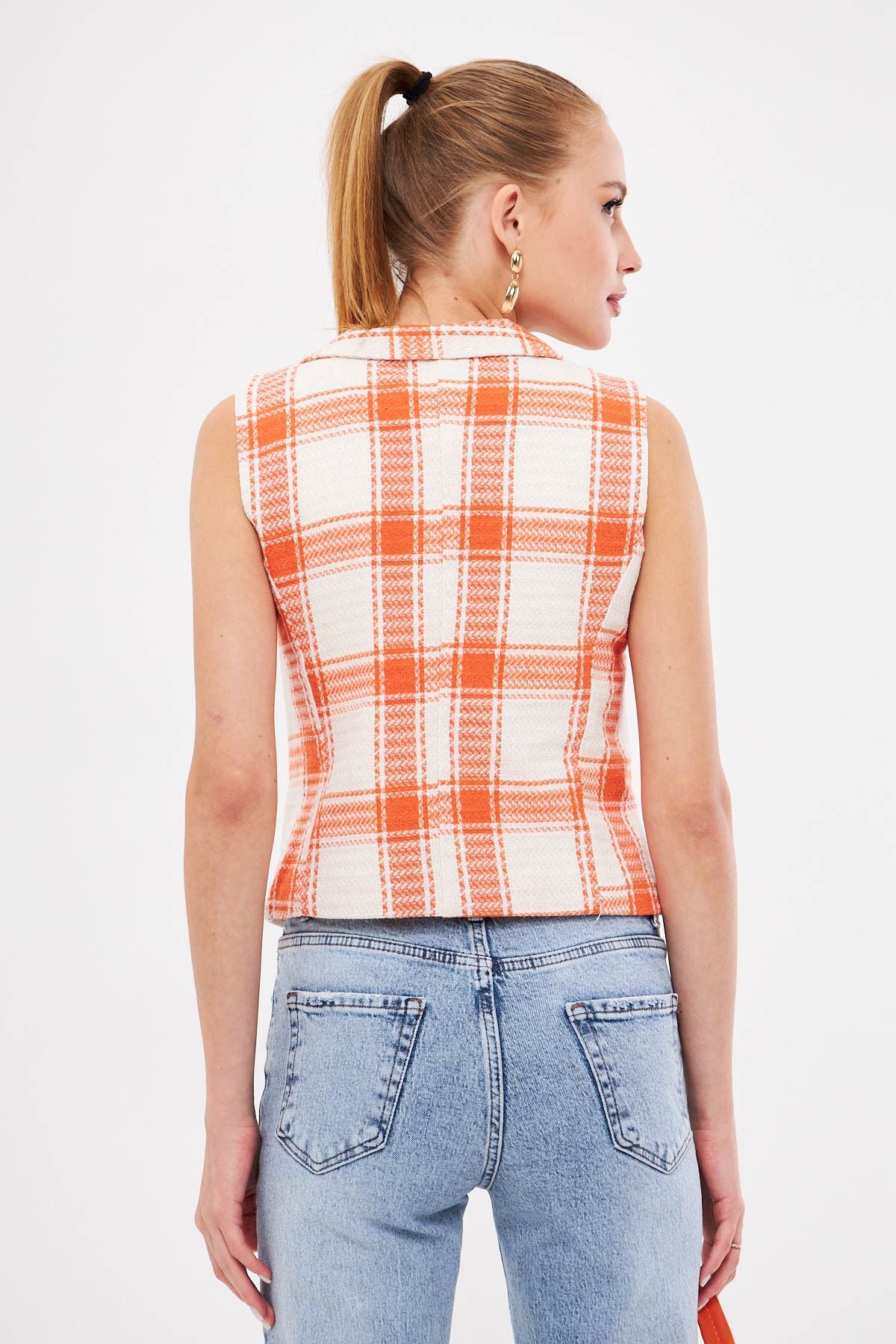 Female Orange Men's Collar Sitting on the Body Lined Ekose Vest ARM-25K001032