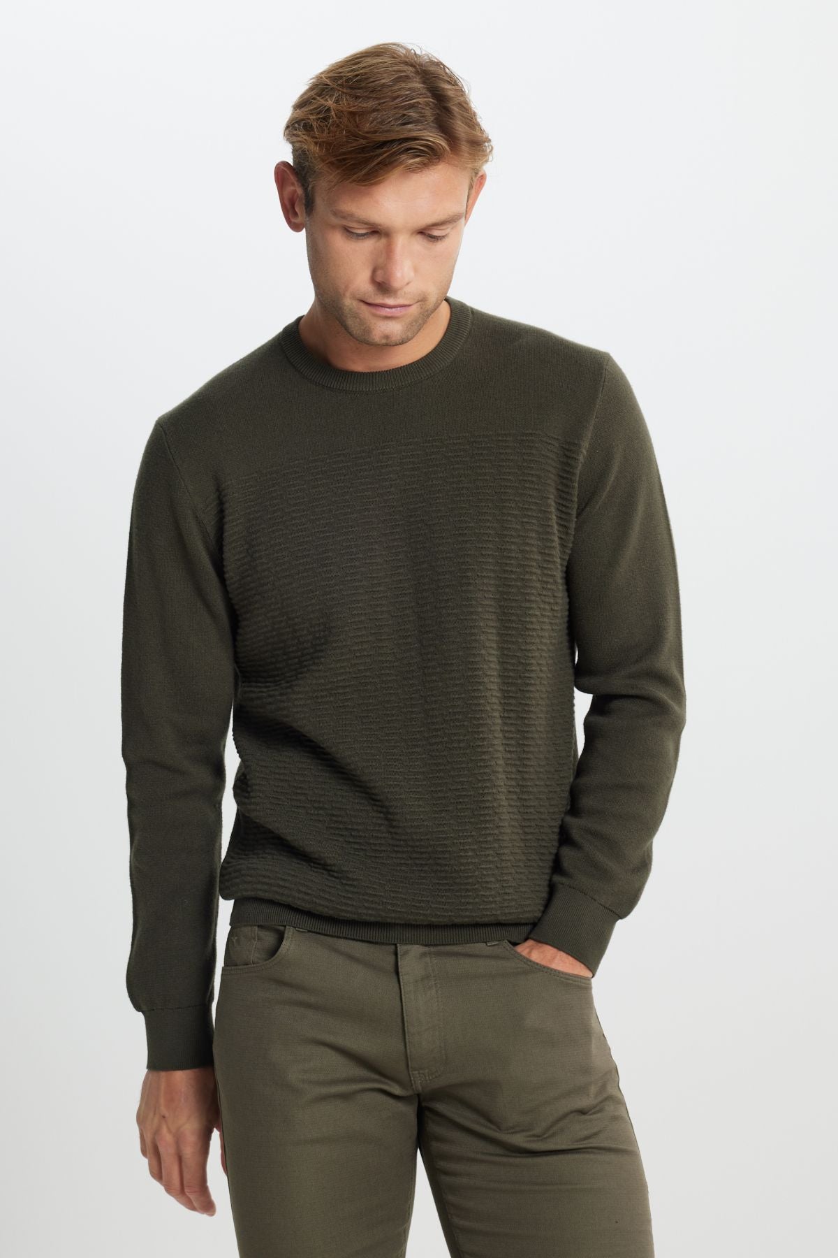 Men's Khaki Cotton Standard Fit Normal Cut Normal Cycling Bike Patterned Knitwear Sweater