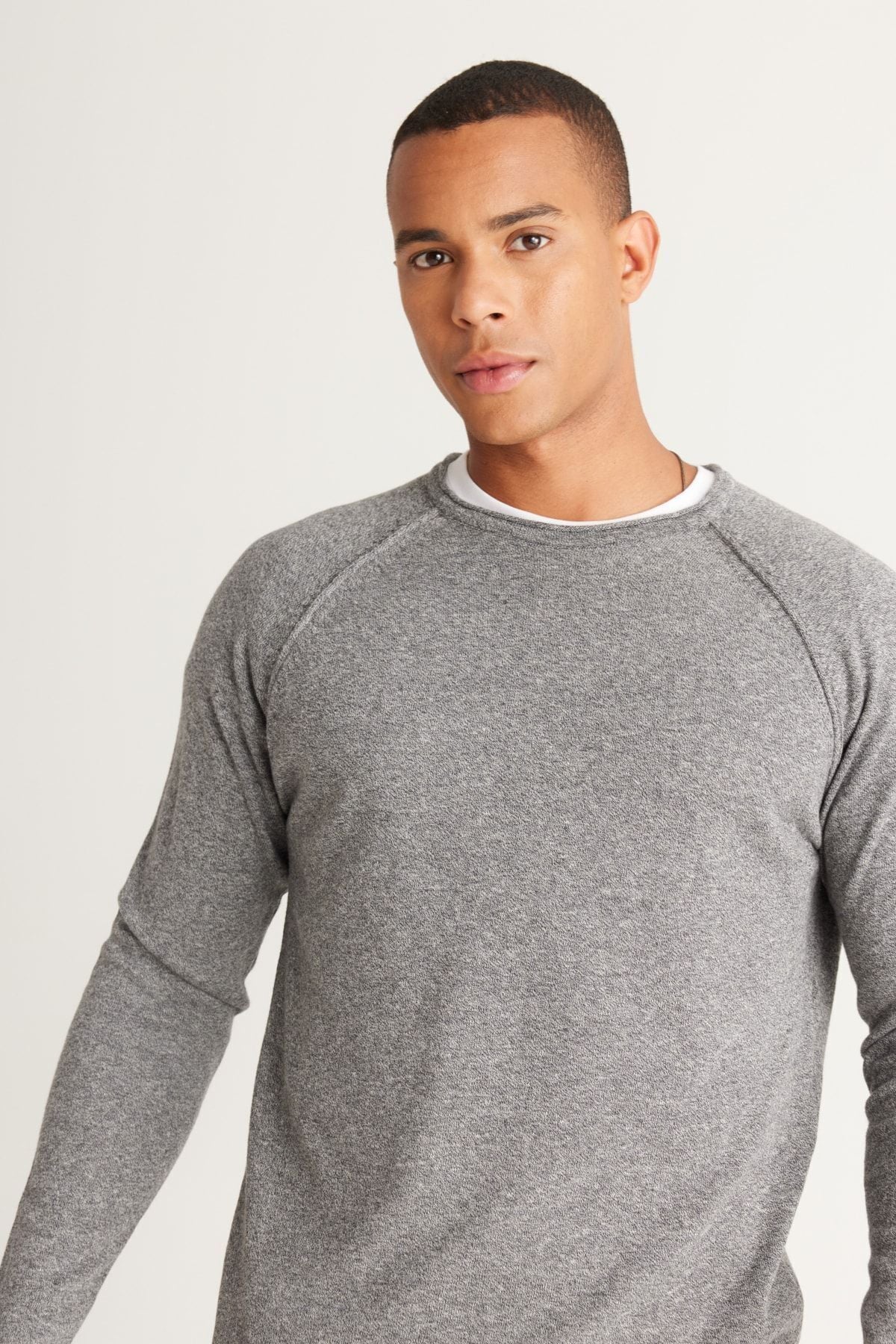 Men's Gray-Ekru Standard Fit Normal Normal Class Bike Cotton Muline Patterned Knitwear Kazakh