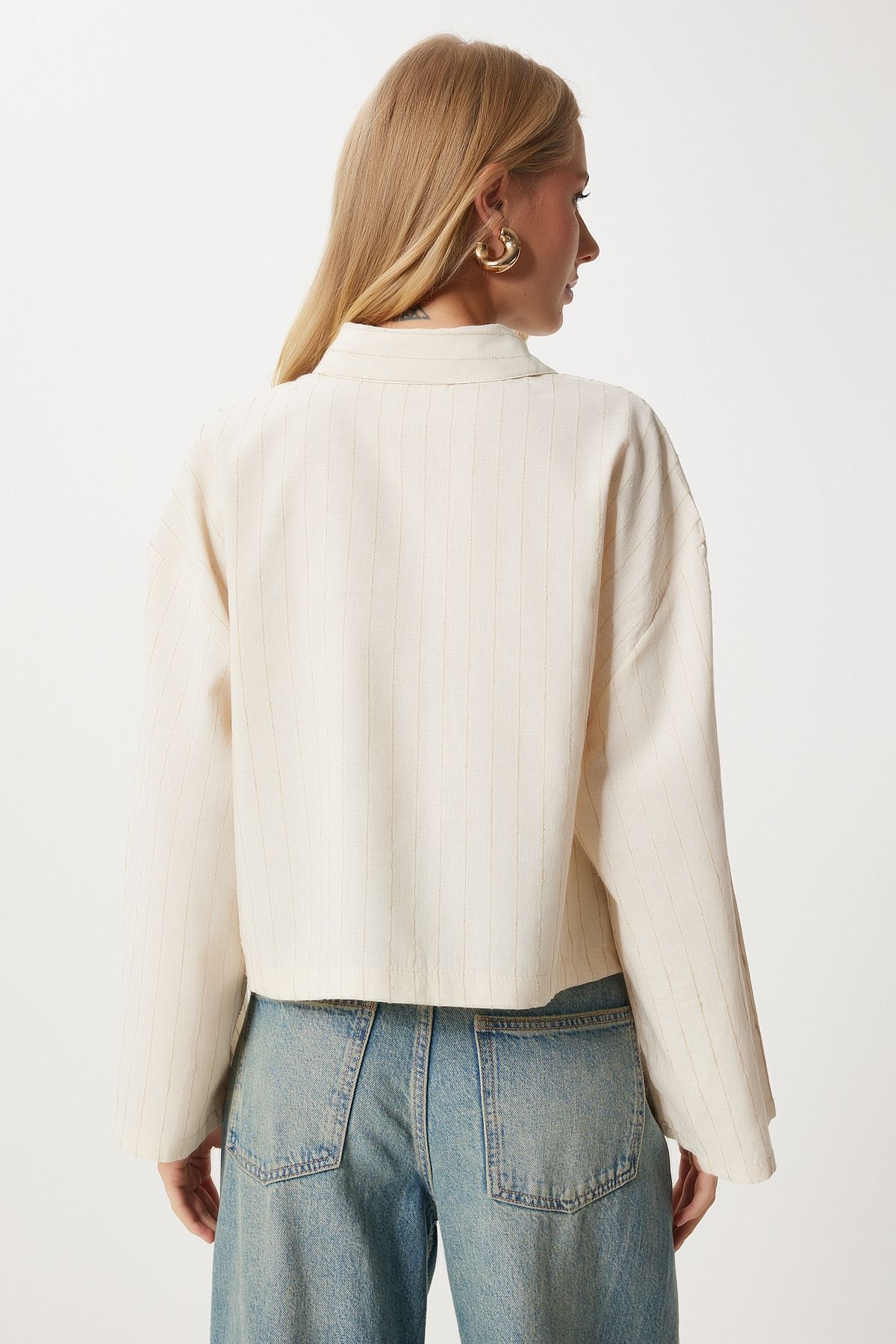 Women's Cream Fine striped Crop ogin shirt DM00140
