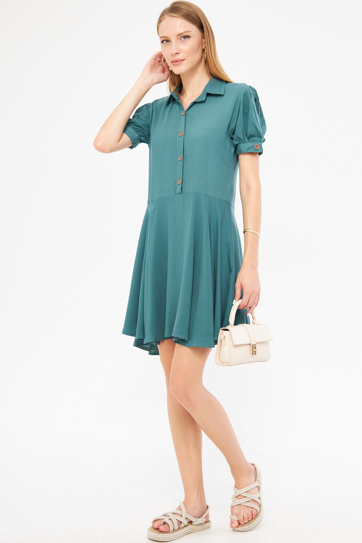 Female turquoise shirt collar handle slit detailed closh watermelon sleeve dress ARM-24Y001083