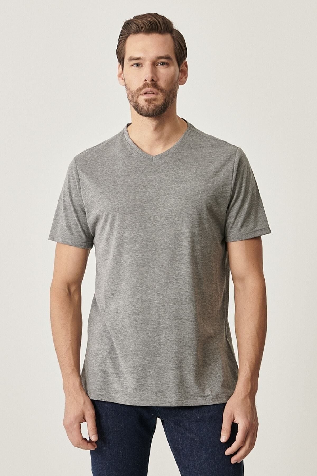 Men's Gray Slim Fit Narrow Cut V -Yaka 2 Piece T -shirt package