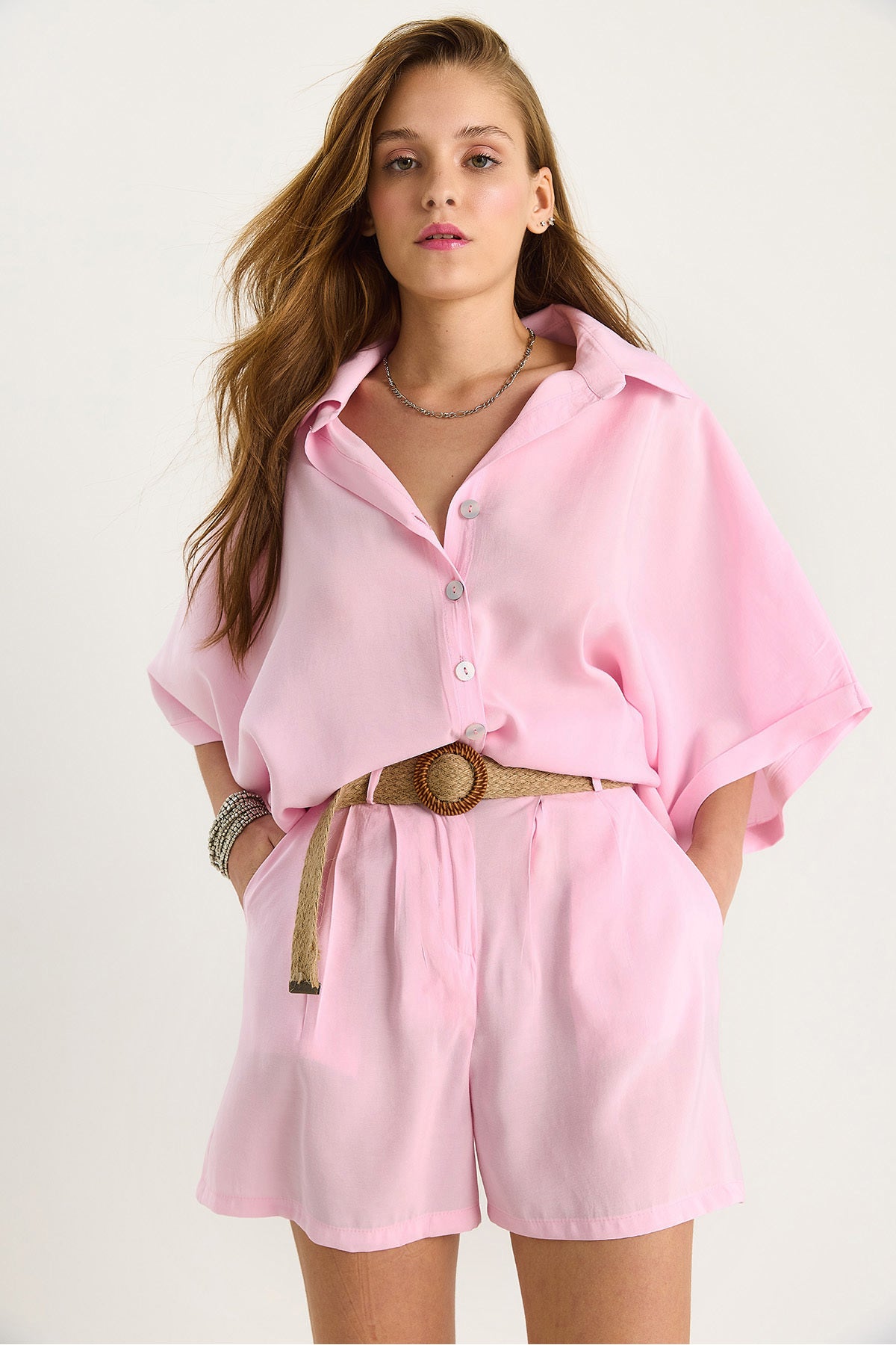 Women's Bat Sleeve Oversize Shirt Straw Belt Shorts Modal Suit 4010 60283476