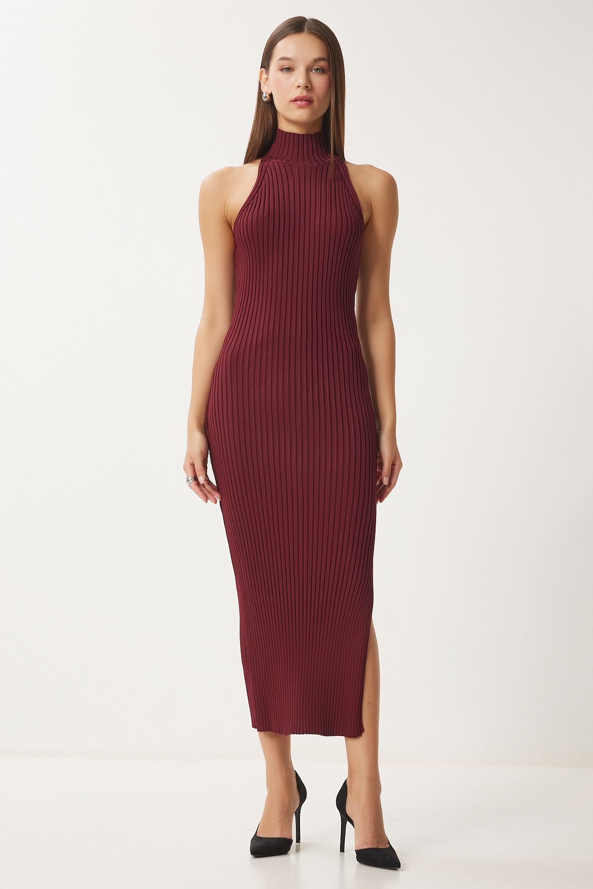 Woman Burgundy Shoulders Open Wrapped Red Triko Dress FN03424