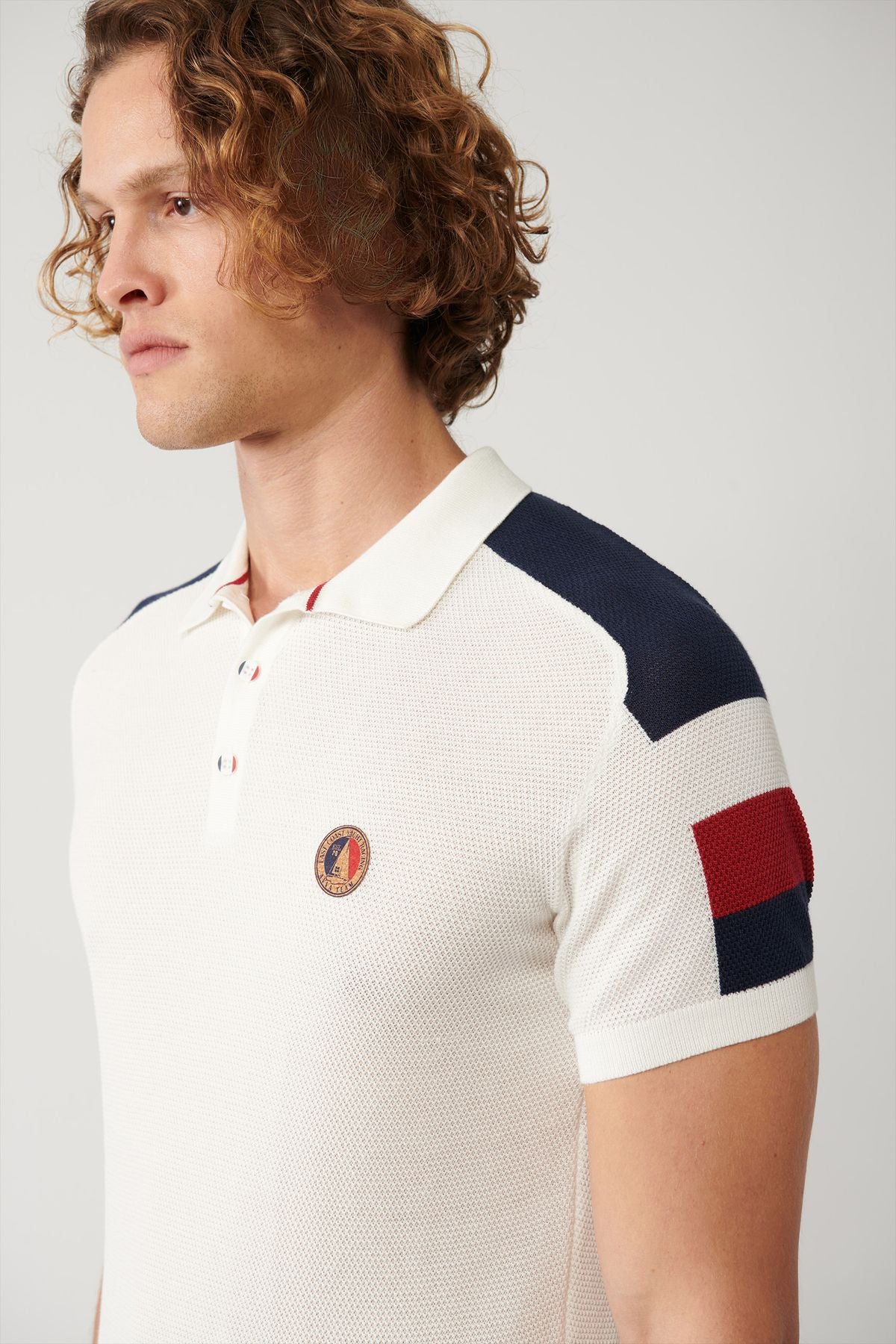 Men's White 3 Button Polo collar knitwear T-shirt shoulder color detailed textured regular fit A41y5026