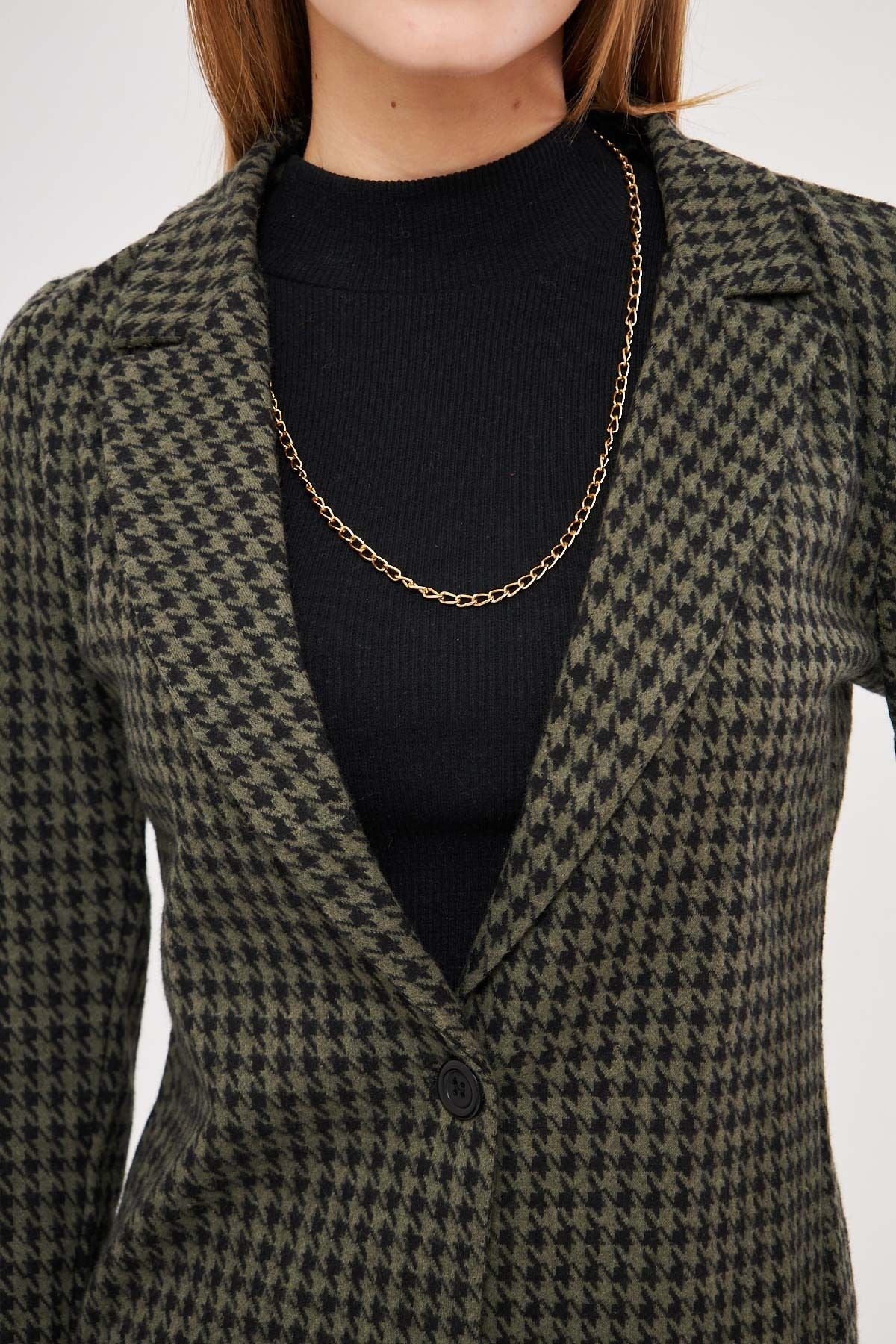 Female Khaki Kazayağı Pattern Single button Jacket ARM-20K001121