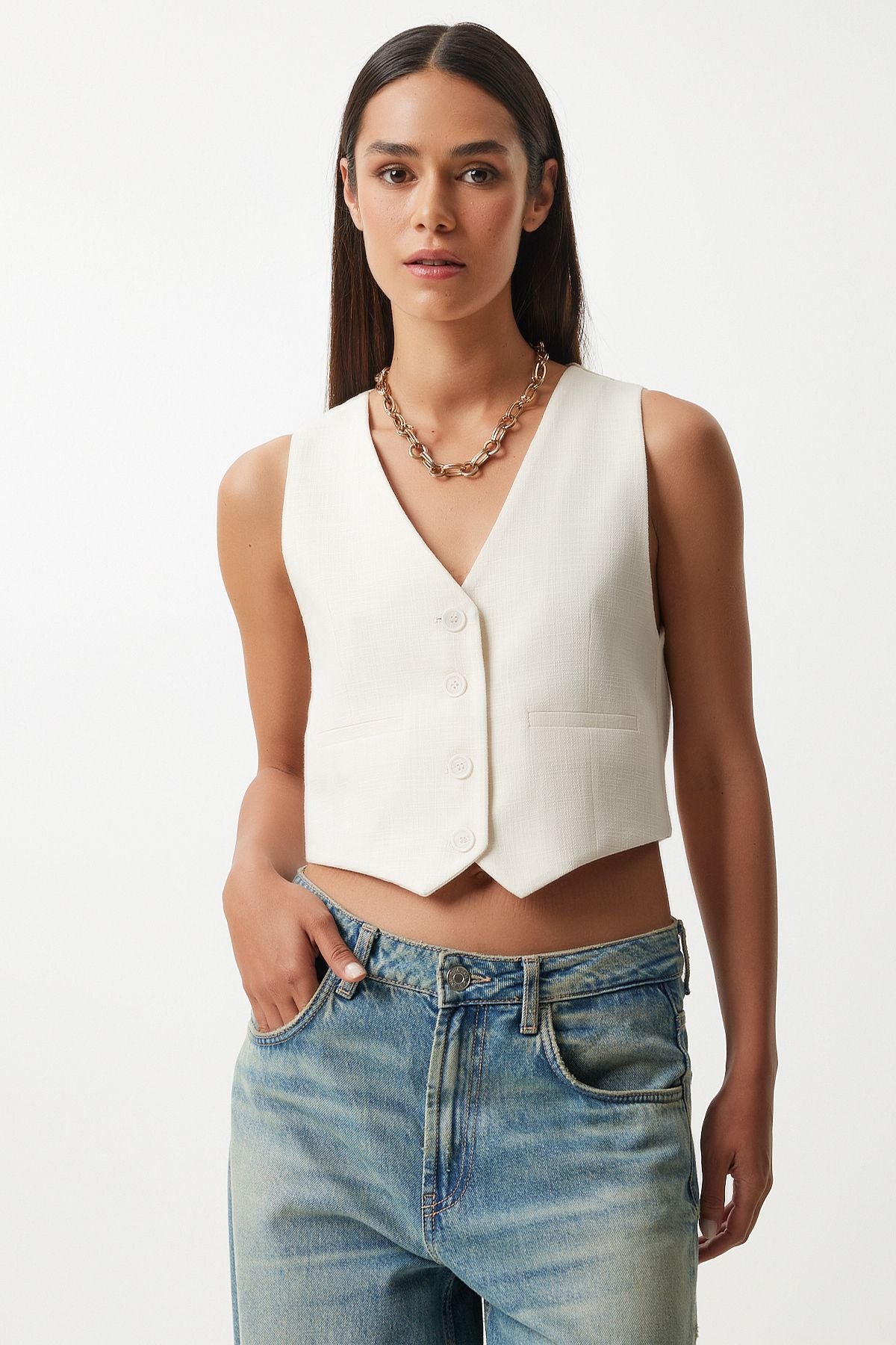 Woman White Linen Short Vest KT00011