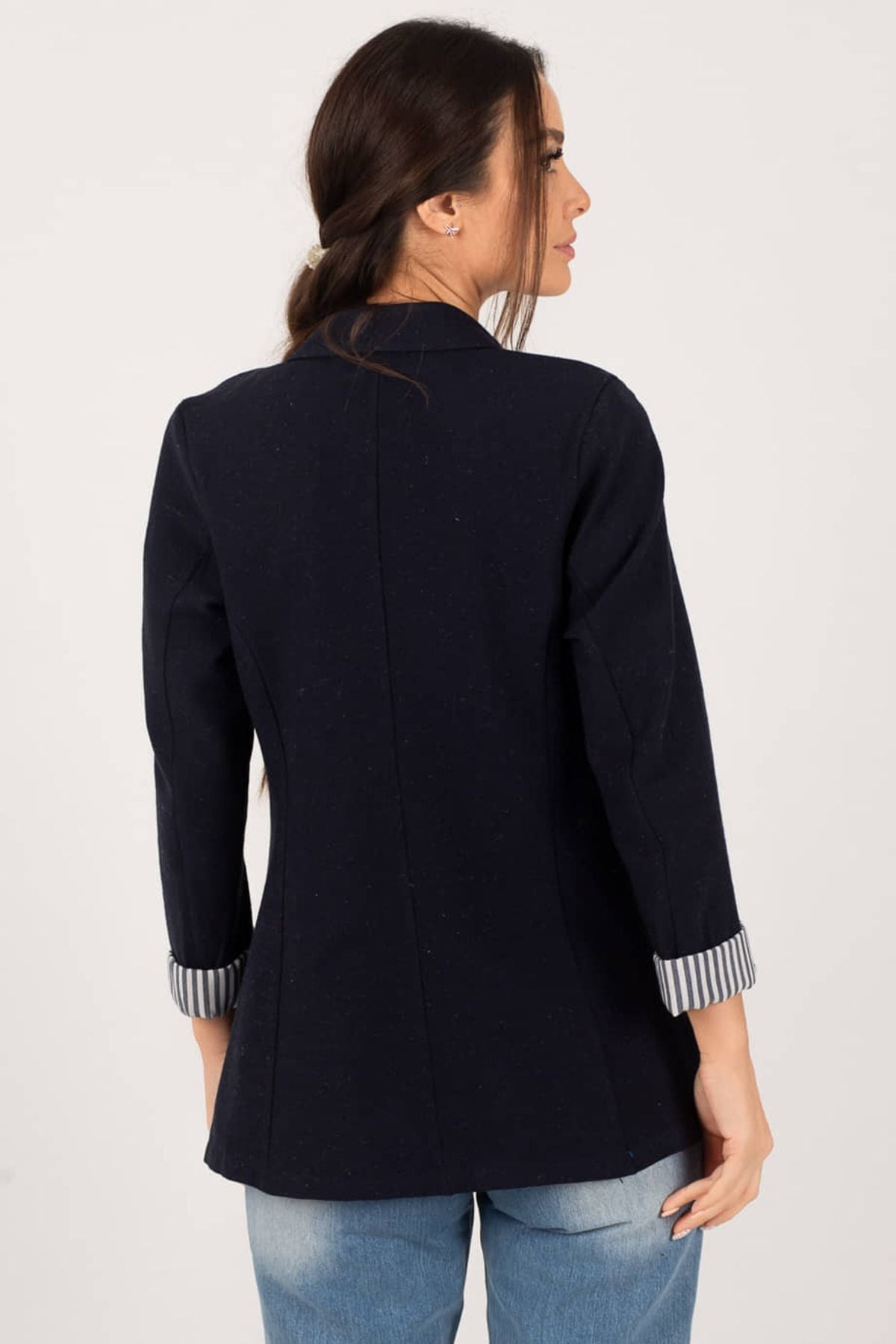 Woman Dark Navy blue sleeve in intrauterine striped single button jacket ARM-22K001122