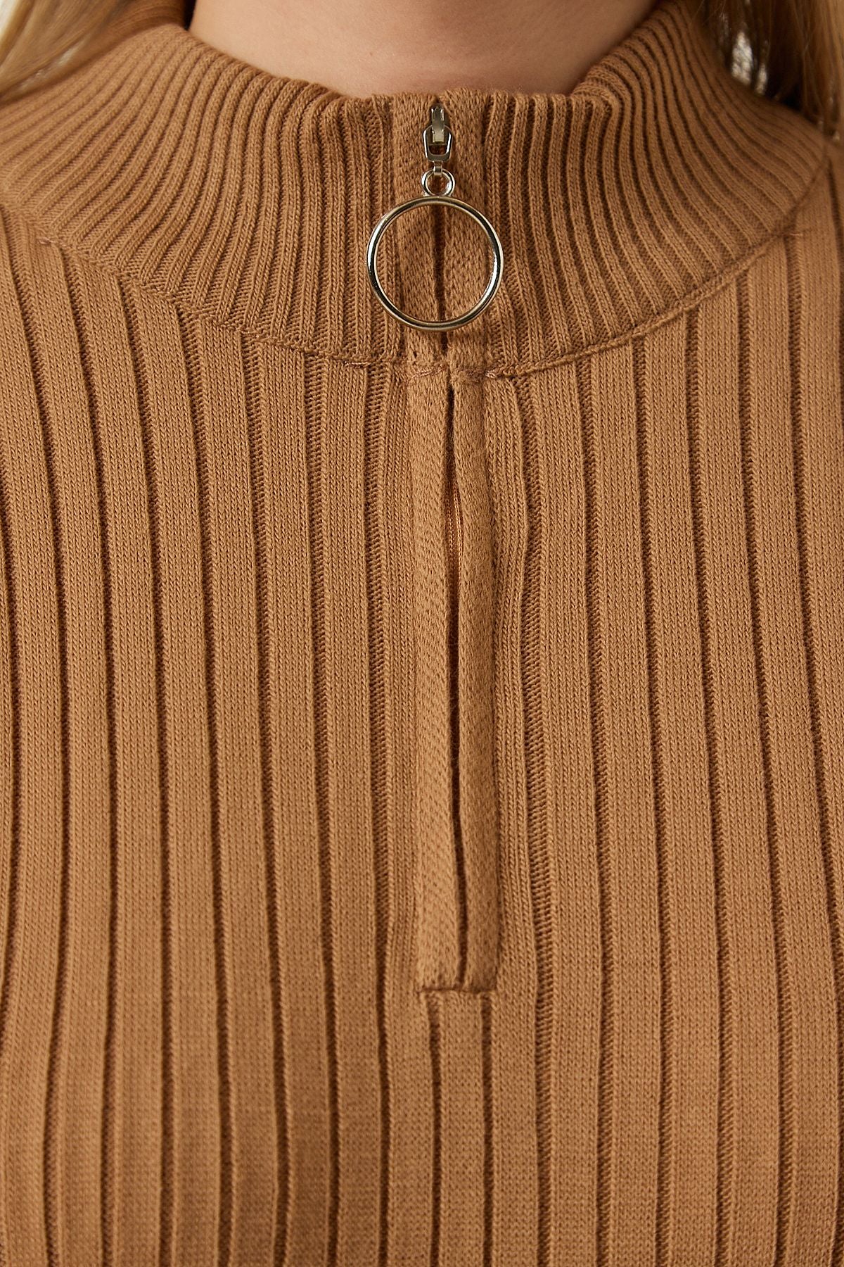 Female Biscuit Zippered Neck Vumor Long Knitwear Dress DD01295