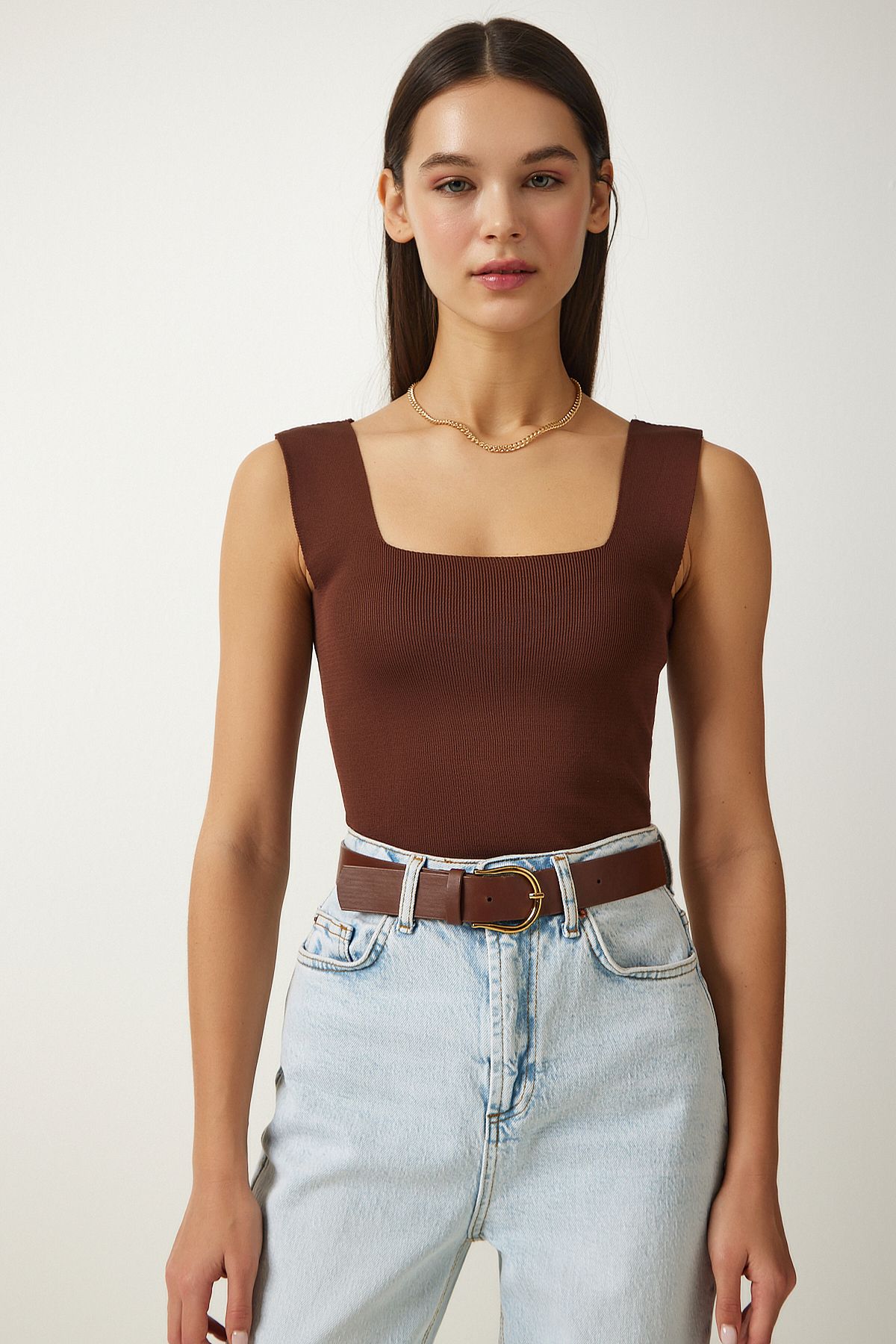 Female Brown Square Yaka Knitwear Crop blouse US00358